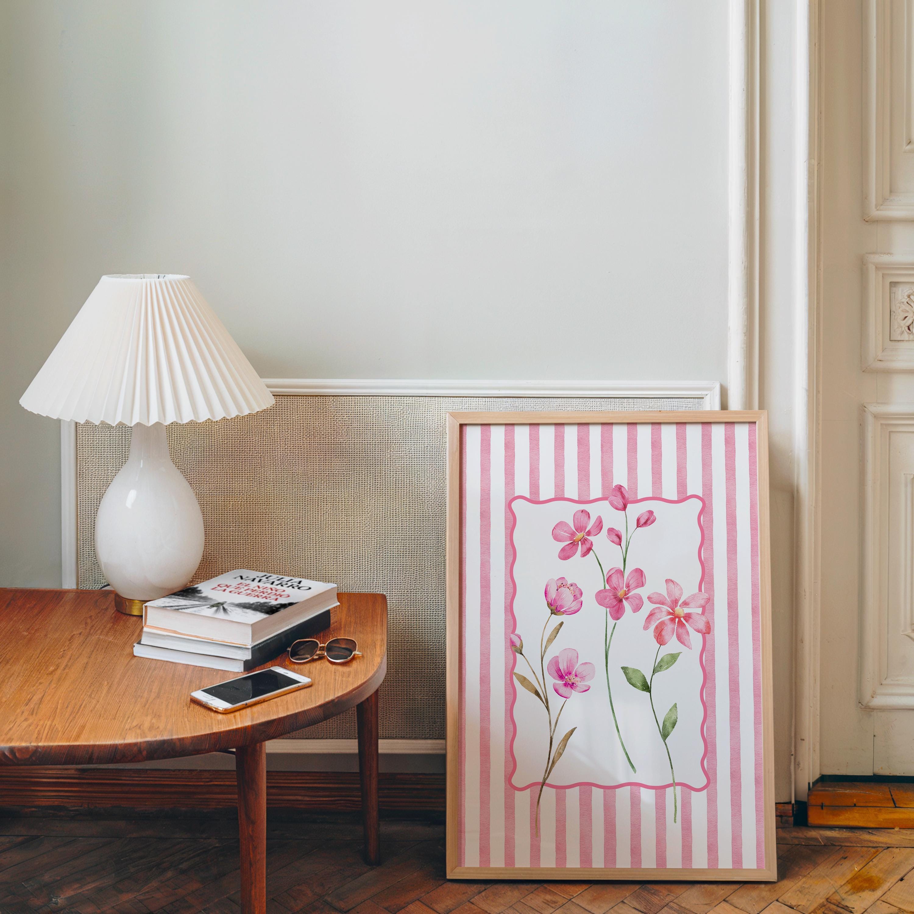 Pink Floral Wall Art Set of 3, Botanical Flower Prints, Cottagecore Bedroom Decor, Vintage Stripe Floral Printable Wall Art