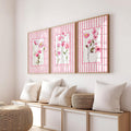Pink Floral Wall Art Set of 3, Botanical Flower Prints, Cottagecore Bedroom Decor, Vintage Stripe Floral Printable Wall Art