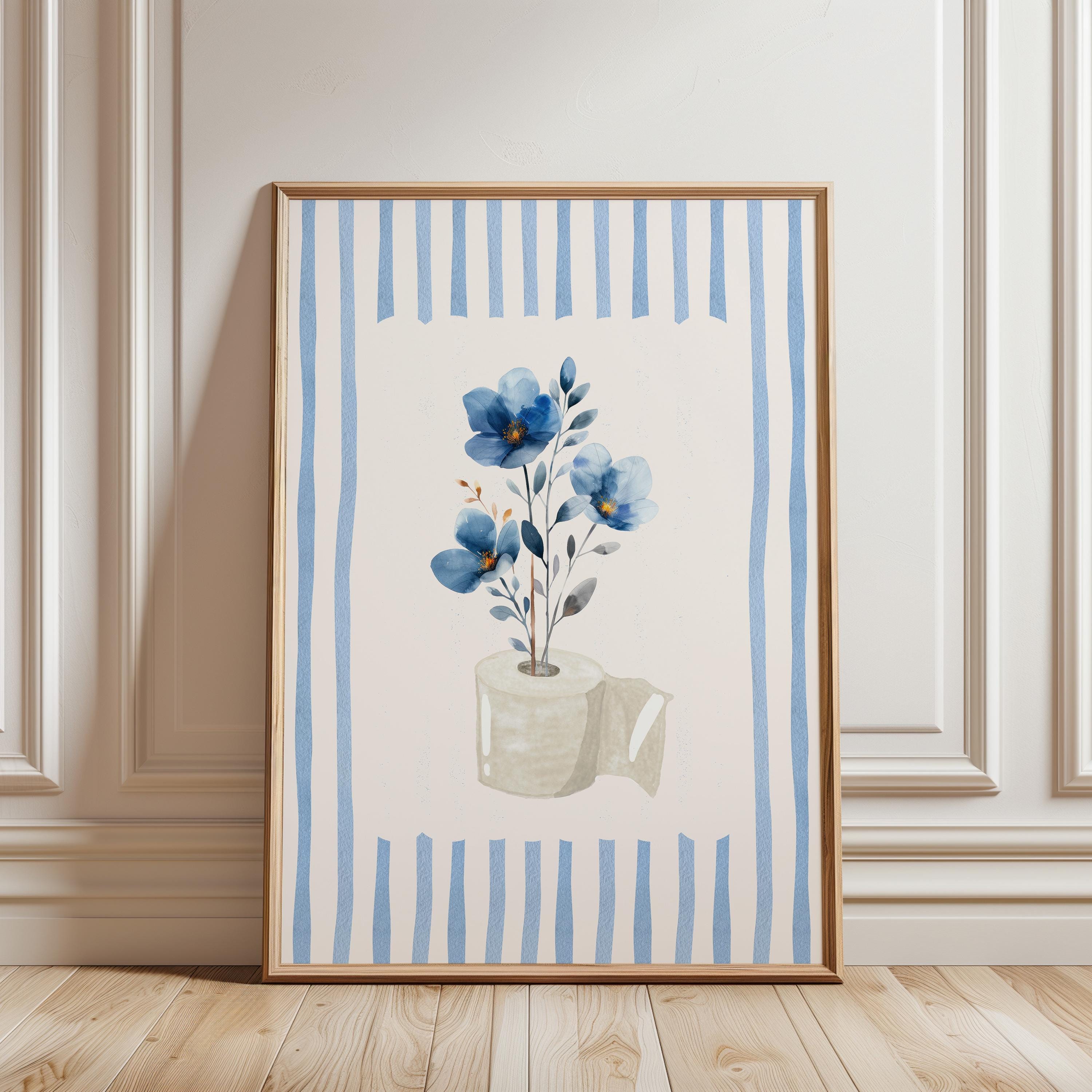 Blue Floral Bathroom Wall Art, Boho Flower Bathroom Print, Soft Botanical Toilet Decor, Minimalist Spa Bathroom Poster, Printable Wall Art
