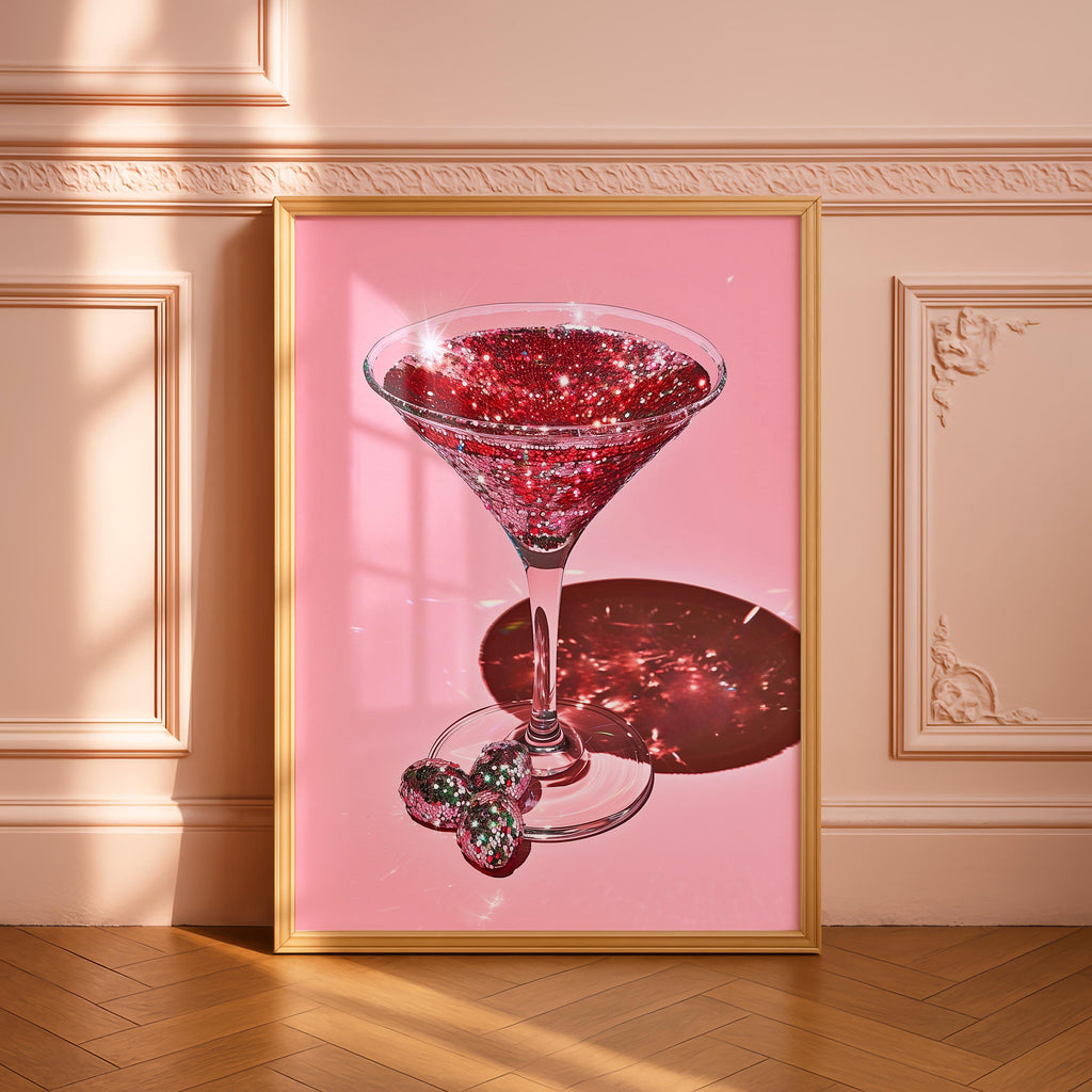 Disco Martini Wall Art Print, Pink Cocktail Poster, Glam Bar Cart Decor, Retro Sparkly Martini Art, Modern Pop Art Digital Download