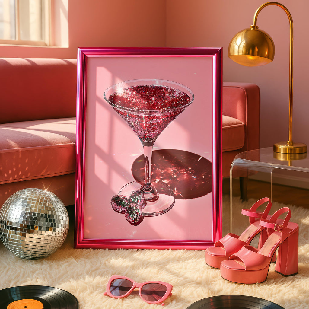 Disco Martini Wall Art Print, Pink Cocktail Poster, Glam Bar Cart Decor, Retro Sparkly Martini Art, Modern Pop Art Digital Download