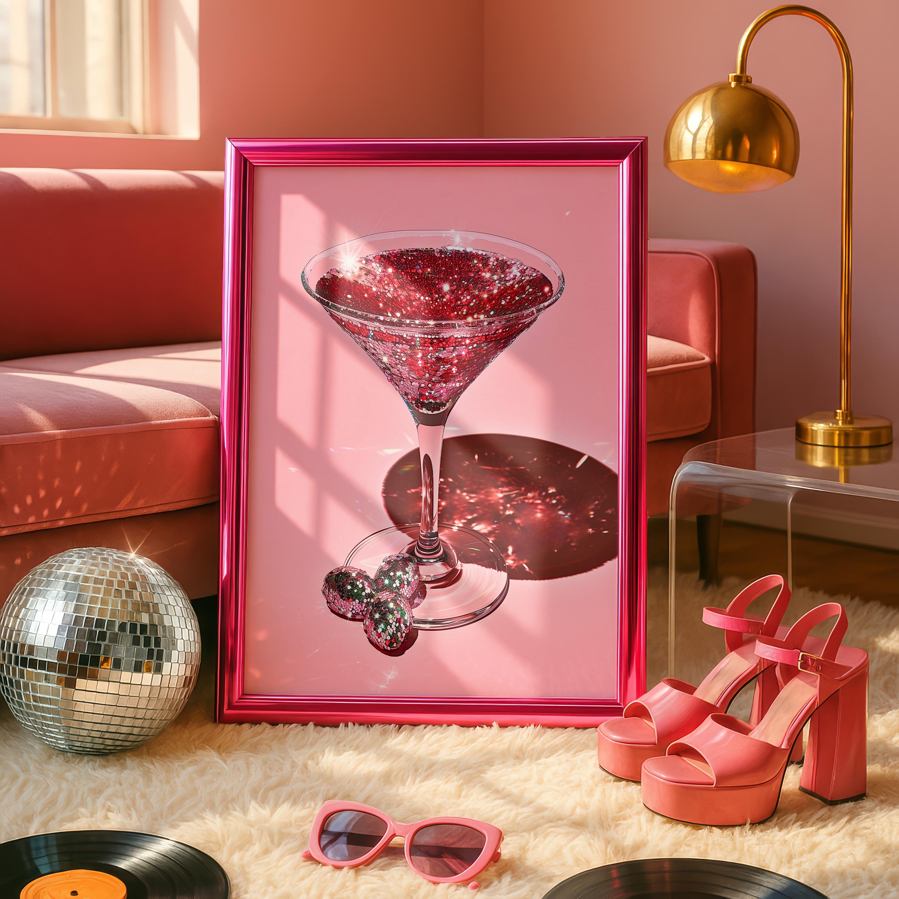 Disco Martini Wall Art Print, Pink Cocktail Poster, Glam Bar Cart Decor, Retro Sparkly Martini Art, Modern Pop Art Digital Download