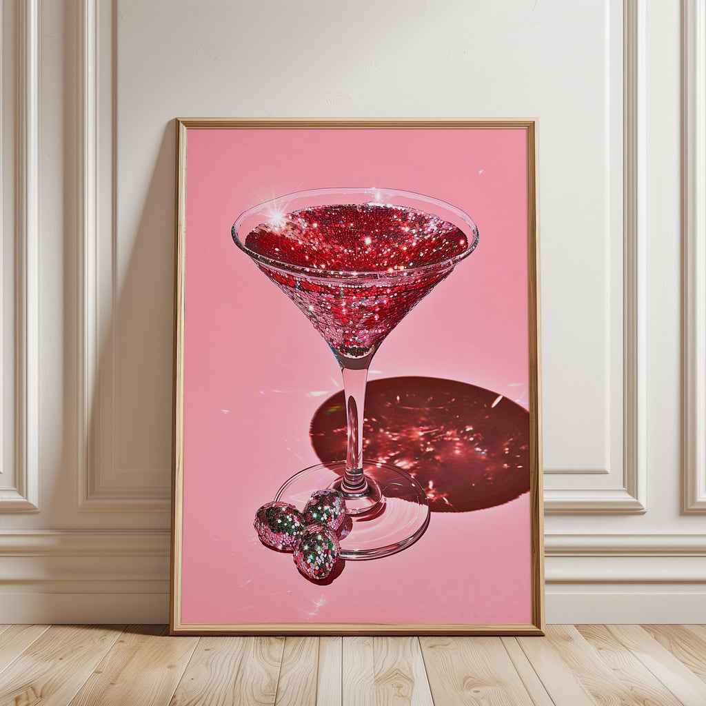 Disco Martini Wall Art Print, Pink Cocktail Poster, Glam Bar Cart Decor, Retro Sparkly Martini Art, Modern Pop Art Digital Download