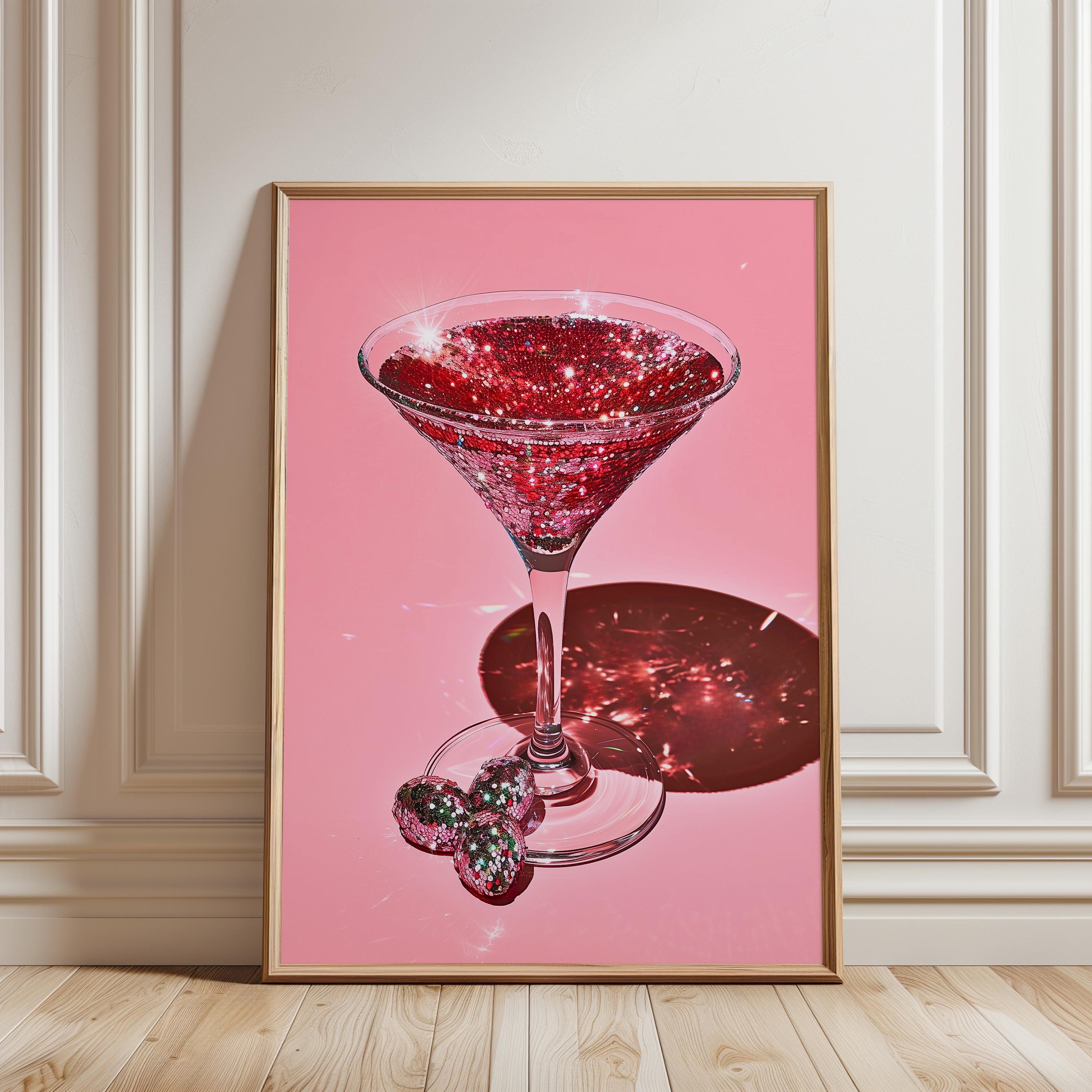 Disco Martini Wall Art Print, Pink Cocktail Poster, Glam Bar Cart Decor, Retro Sparkly Martini Art, Modern Pop Art Digital Download