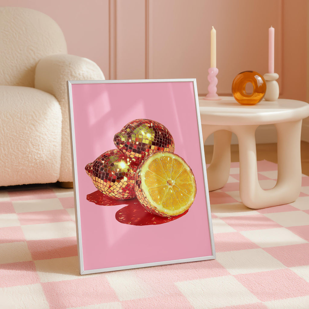 Disco Lemon Wall Art Print, Pink Citrus Poster, Sparkly Fruit Pop Art, Glam Kitchen Bar Decor, Retro Disco Style, Trendy Print DIGITAL