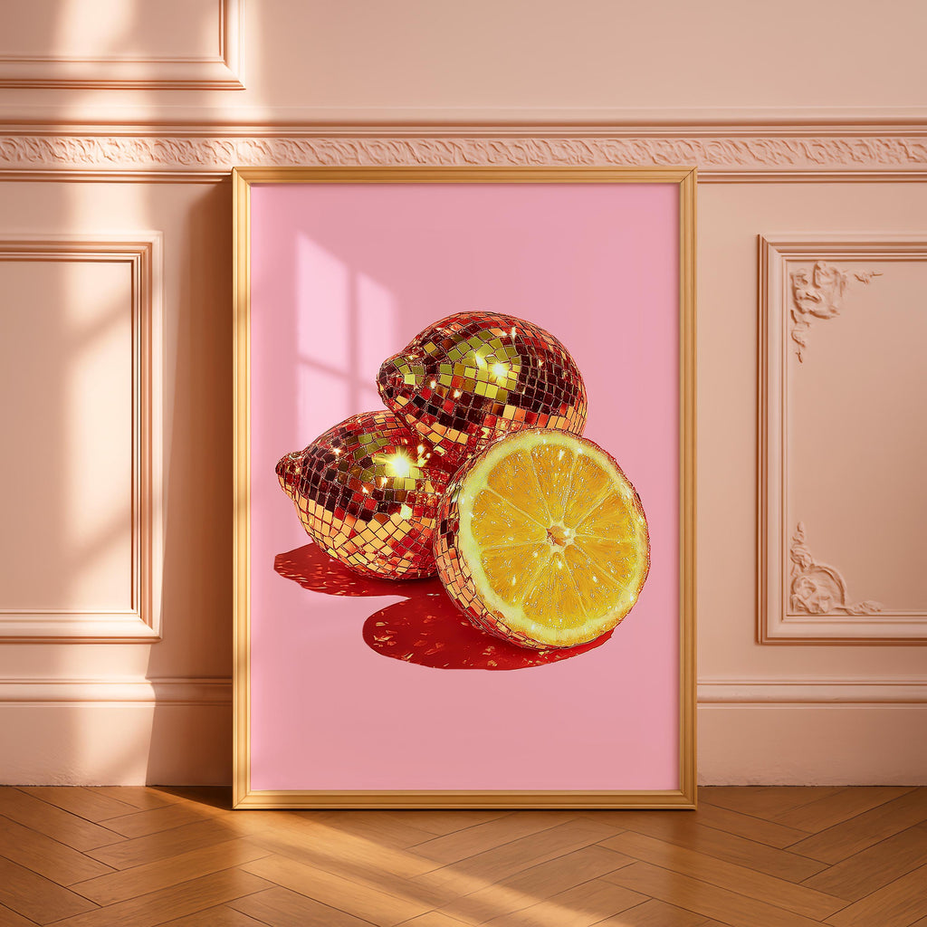Disco Lemon Wall Art Print, Pink Citrus Poster, Sparkly Fruit Pop Art, Glam Kitchen Bar Decor, Retro Disco Style, Trendy Print DIGITAL