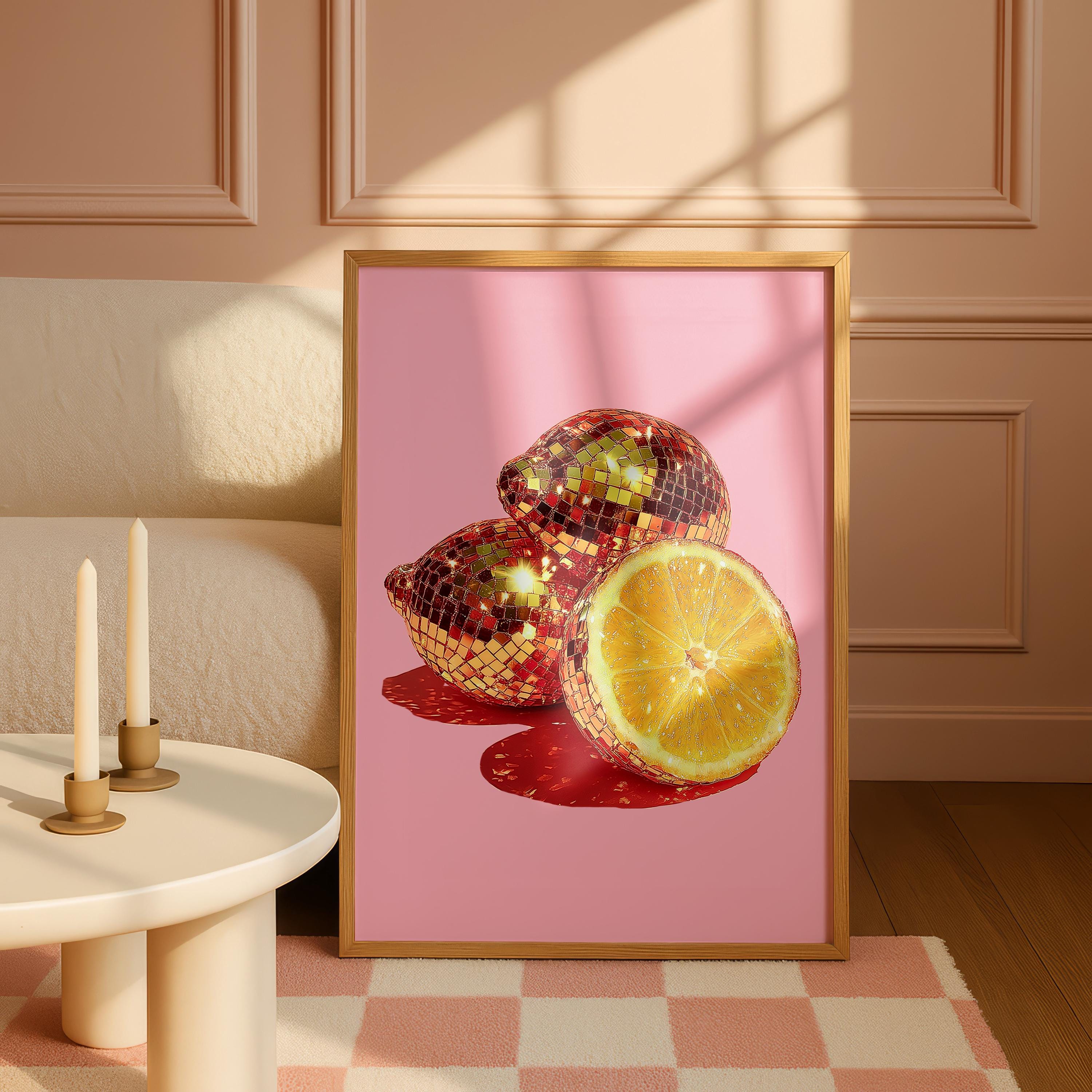 Disco Lemon Wall Art Print, Pink Citrus Poster, Sparkly Fruit Pop Art, Glam Kitchen Bar Decor, Retro Disco Style, Trendy Print DIGITAL