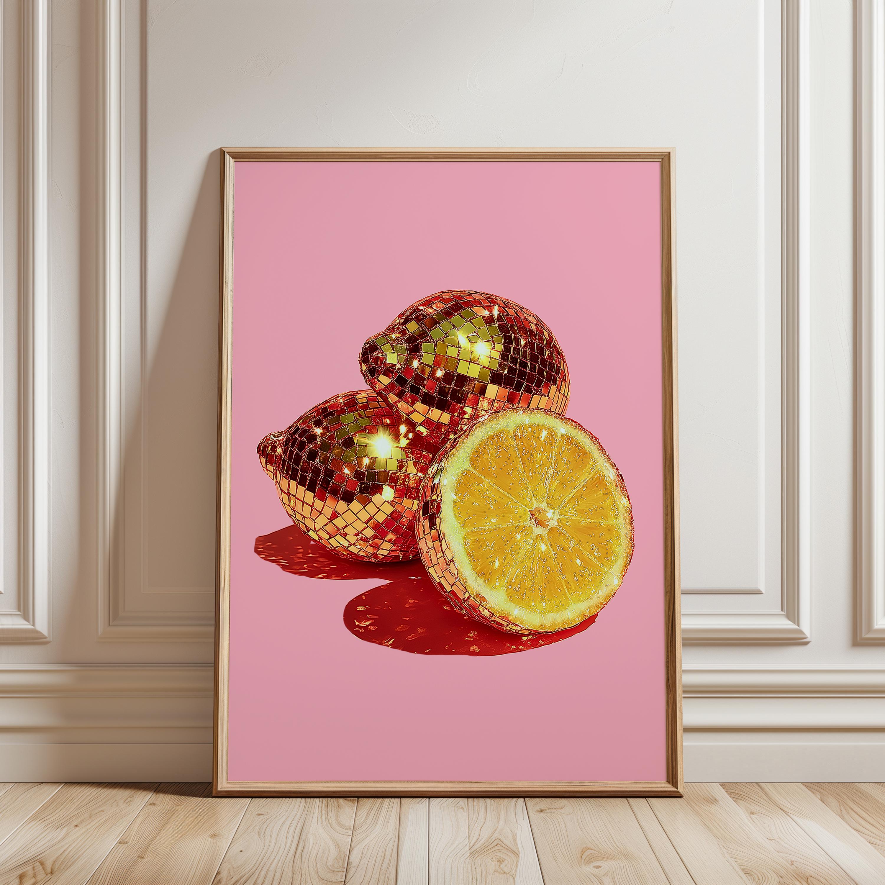 Disco Lemon Wall Art Print, Pink Citrus Poster, Sparkly Fruit Pop Art, Glam Kitchen Bar Decor, Retro Disco Style, Trendy Print DIGITAL