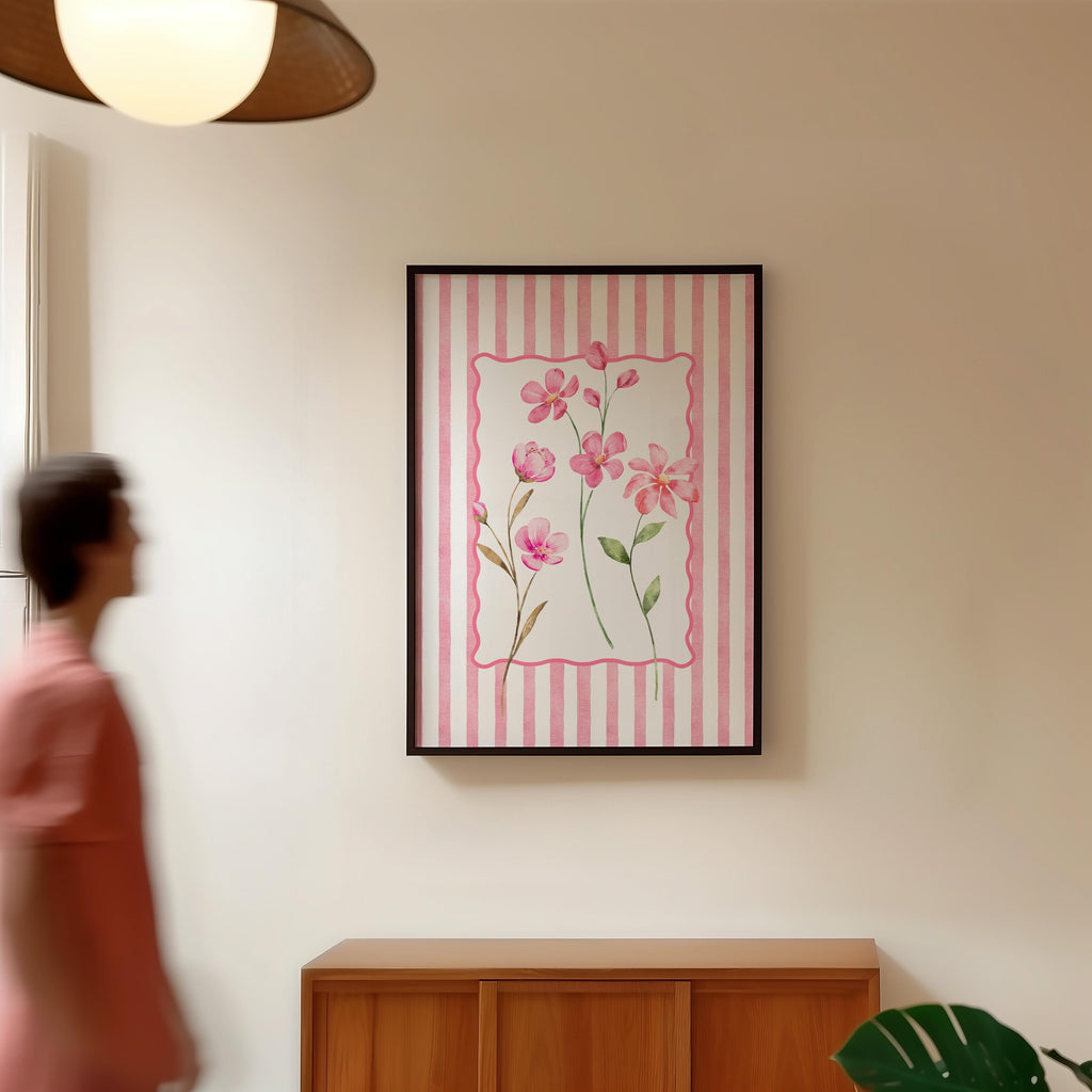 Pink Floral Wall Art Printable, Girly Flower Illustration, Preppy Nursery Wall Decor, Cute Spring Botanical Poster, Girls Room Art