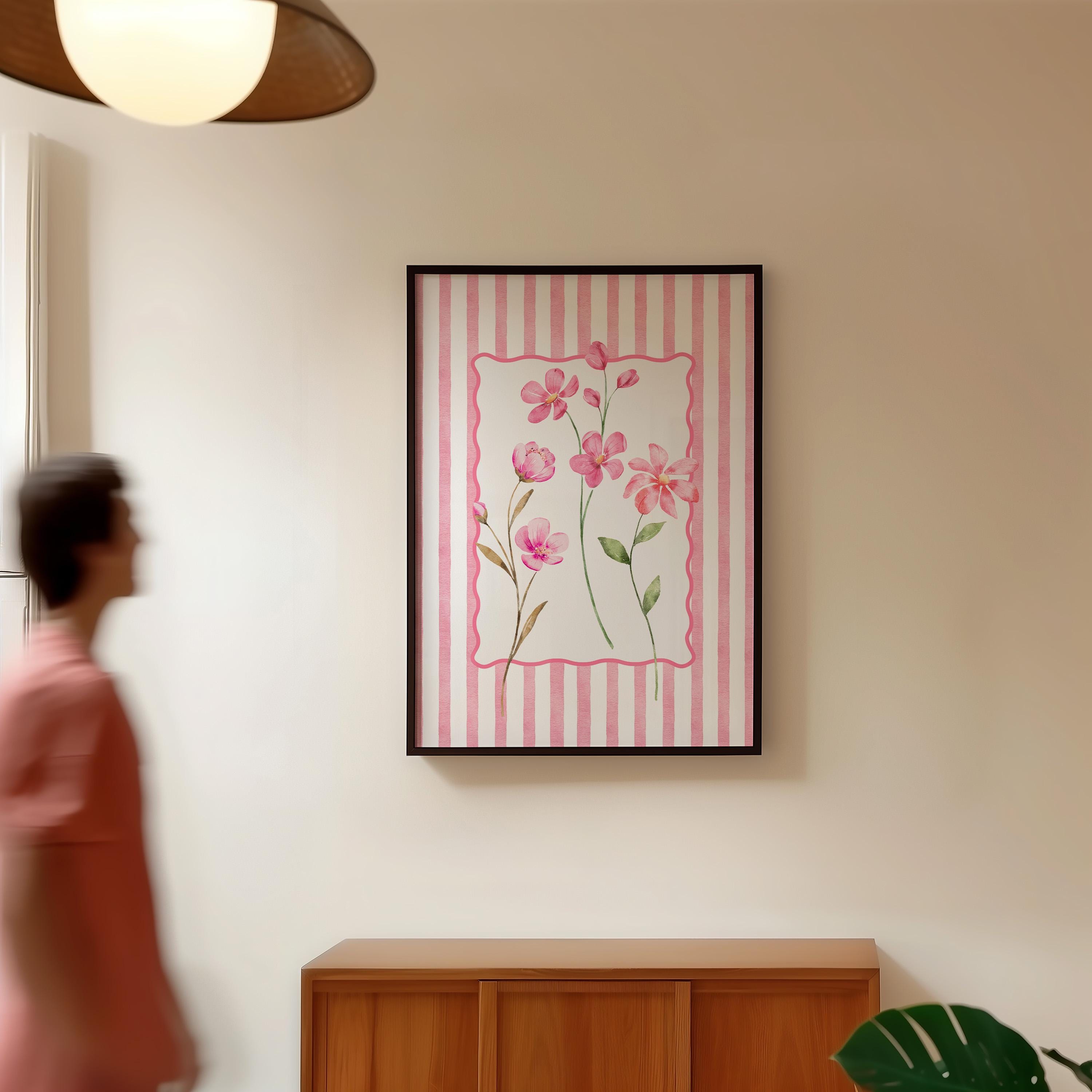 Pink Floral Wall Art Printable, Girly Flower Illustration, Preppy Nursery Wall Decor, Cute Spring Botanical Poster, Girls Room Art
