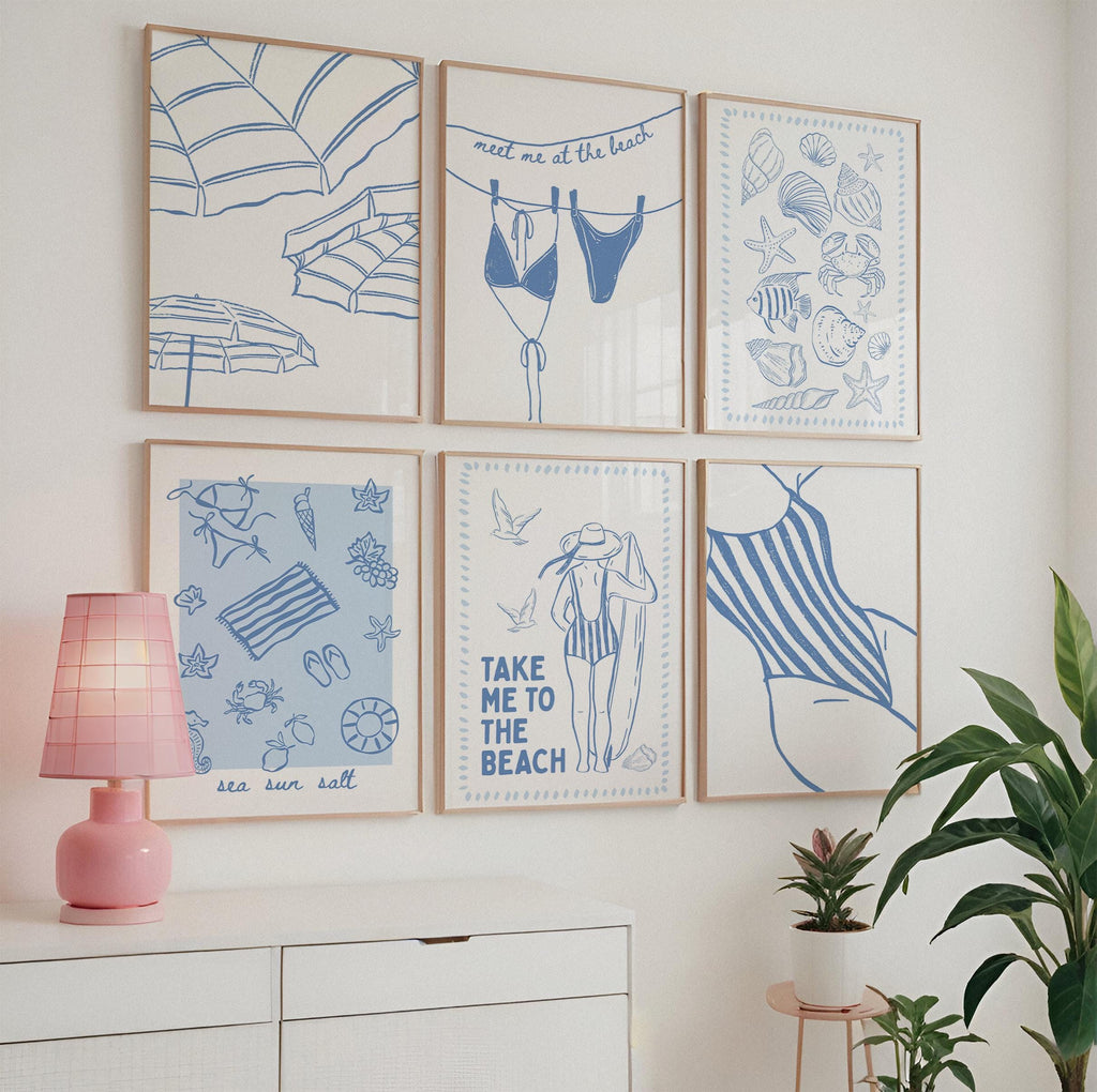 Coastal Wall Art Set of 6 Printable, Blue Beach Line Art Prints, Summer Seaside Gallery Wall, Bathroom Living Room Decor, DIGITAL DOWNLOAD