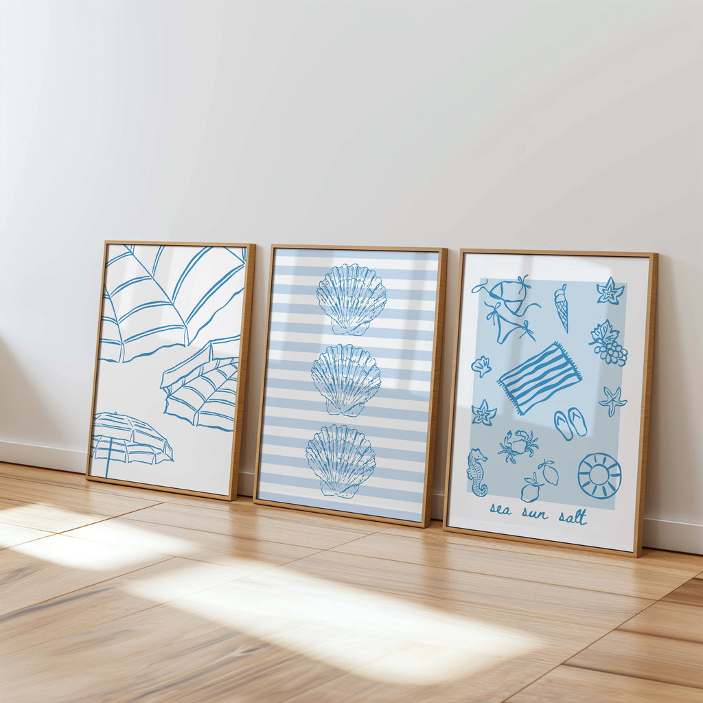 Meet Me at the Beach Wall Art Set of 6 Printable, Blue Coastal Line Art Prints, Summer Beach House Gallery Wall Decor, Coastal Blue Prints