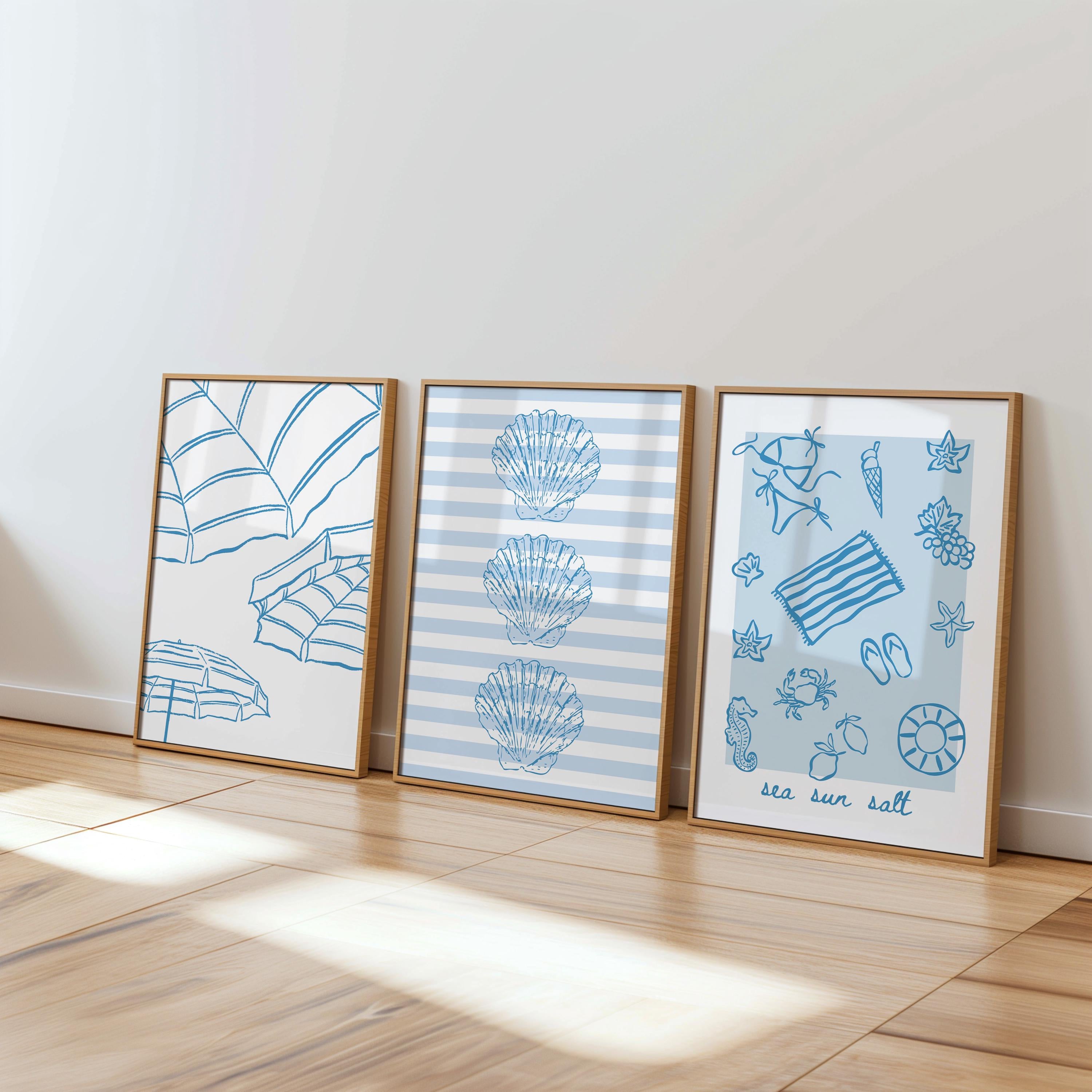 Meet Me at the Beach Wall Art Set of 6 Printable, Blue Coastal Line Art Prints, Summer Beach House Gallery Wall Decor, Coastal Blue Prints