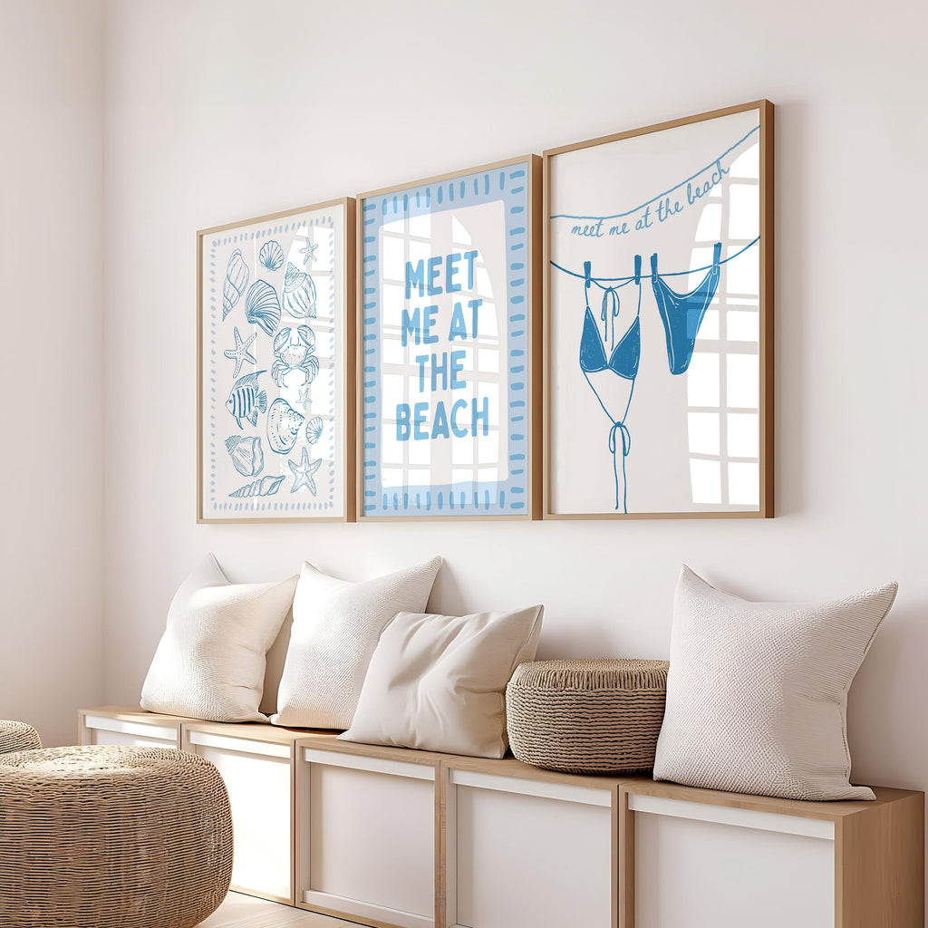Meet Me at the Beach Wall Art Set of 6 Printable, Blue Coastal Line Art Prints, Summer Beach House Gallery Wall Decor, Coastal Blue Prints