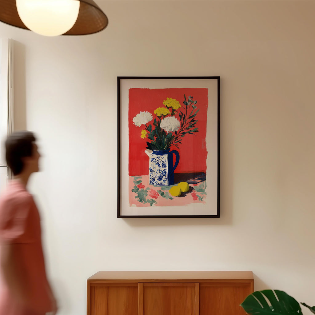 Red Floral Still Life Wall Art, Vase with Flowers Painting Print, Modern Classic Mediterranean Home Decor, Colorful Kitchen Wall Art DIGITAL