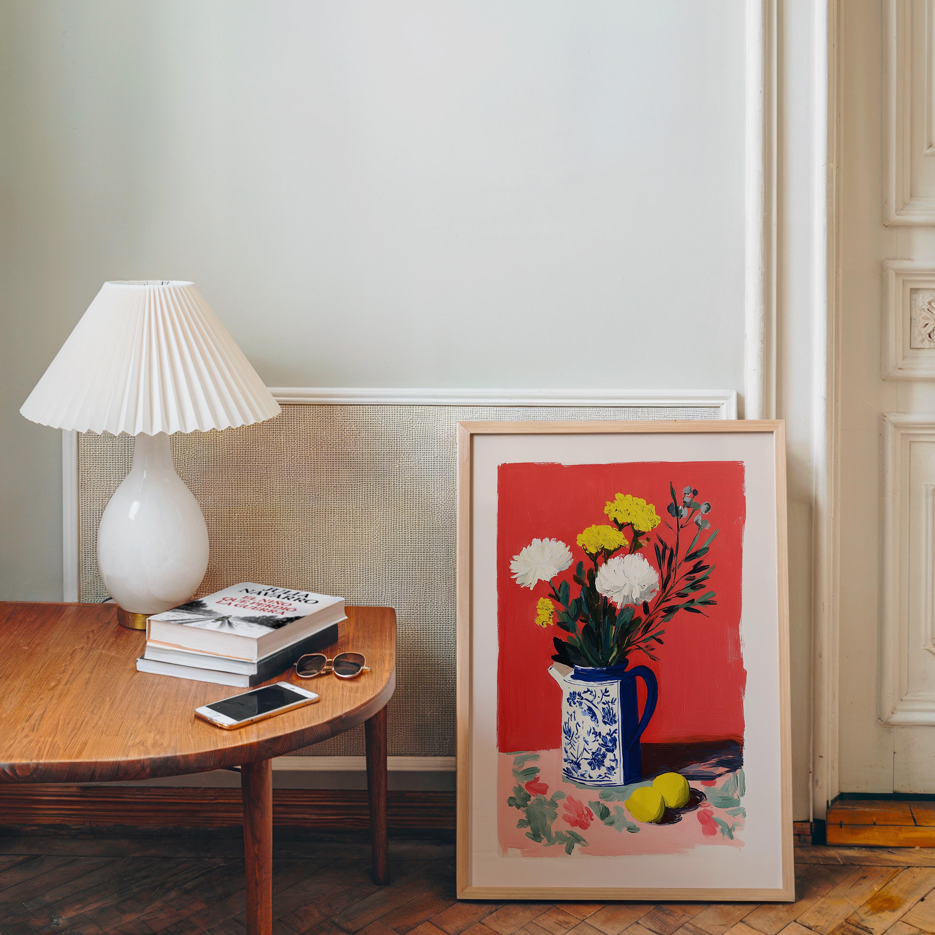 Red Floral Still Life Wall Art, Vase with Flowers Painting Print, Modern Classic Mediterranean Home Decor, Colorful Kitchen Wall Art DIGITAL