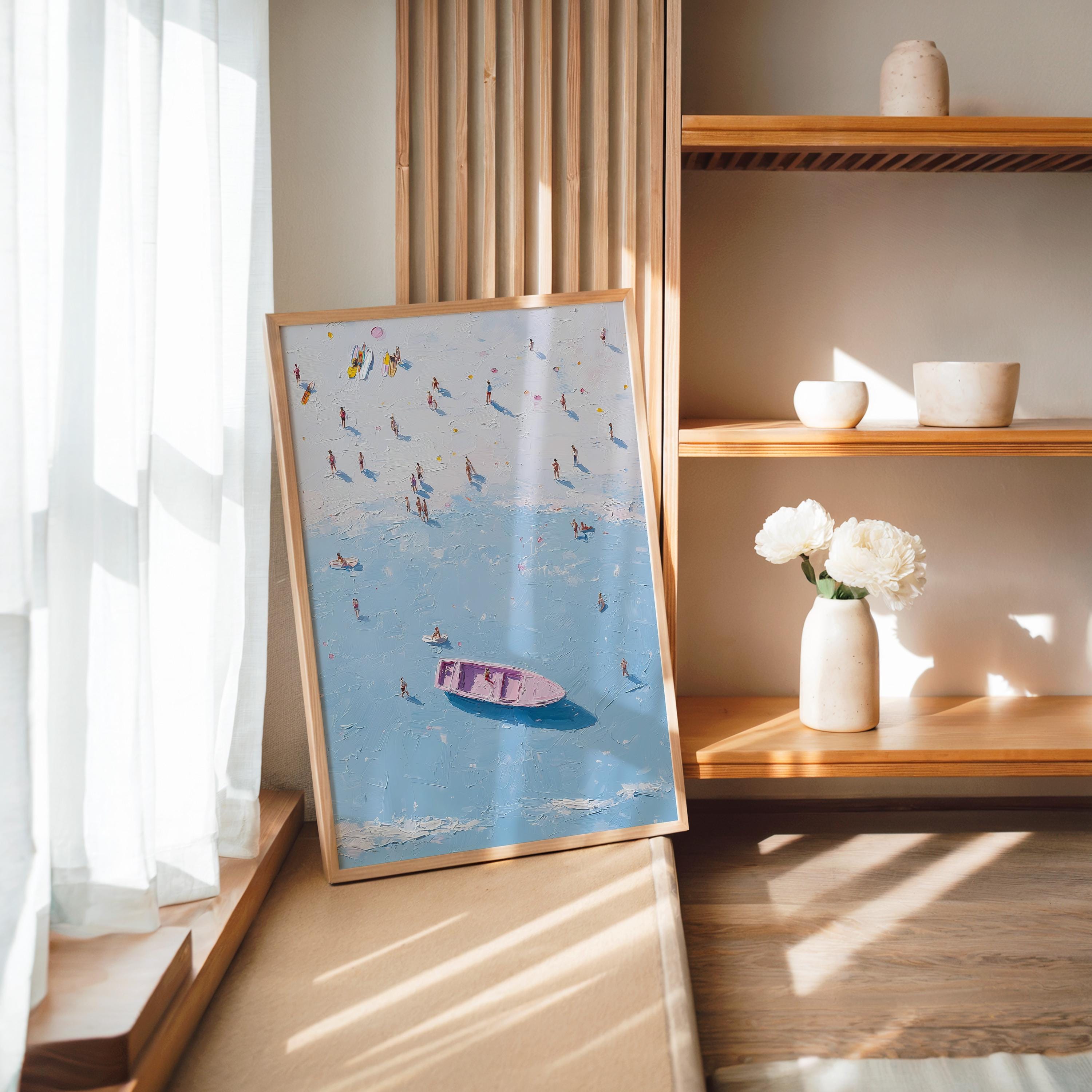 Coastal Beach Abstract Wall Art, Summer Sea Painting Print, Minimal Ocean Artwork, Blue Beach Scene, Modern Coastal Home Decor, Trendy