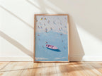 Coastal Beach Abstract Wall Art, Summer Sea Painting Print, Minimal Ocean Artwork, Blue Beach Scene, Modern Coastal Home Decor, Trendy