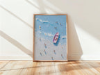 Aerial Beach Coastal Wall Art, Summer Ocean Painting Print, Top View Sea Artwork, Blue Beach Scene, Modern Coastal Home Decor