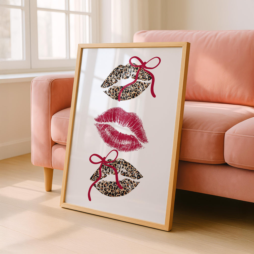 Leopard Lips Wall Art Print, Coquette Bow Lip Poster, Girly Glam Printable Art, Red Kiss Print, Maximalist Fashion Wall Decor, DIGITAL