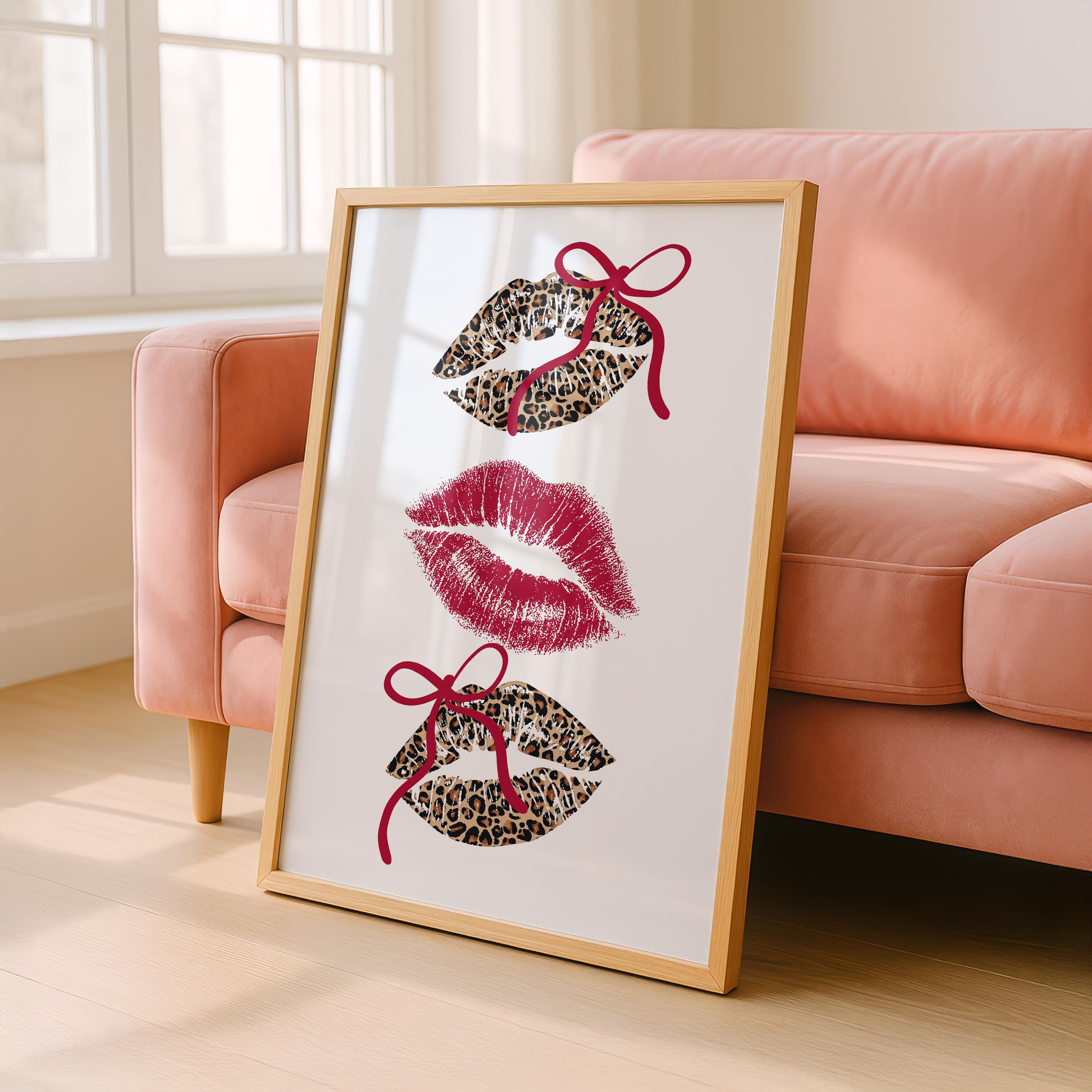 Leopard Lips Wall Art Print, Coquette Bow Lip Poster, Girly Glam Printable Art, Red Kiss Print, Maximalist Fashion Wall Decor, DIGITAL