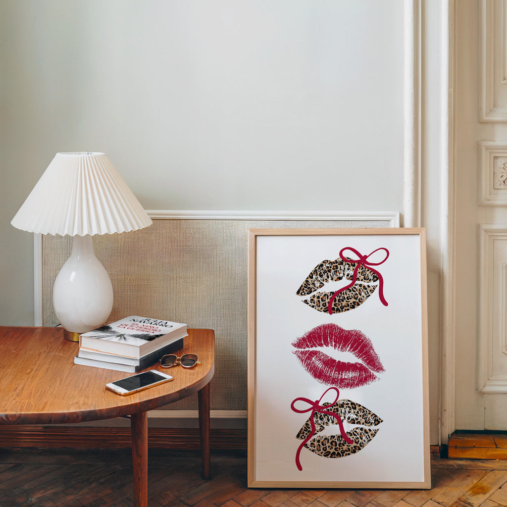 Leopard Lips Wall Art Print, Coquette Bow Lip Poster, Girly Glam Printable Art, Red Kiss Print, Maximalist Fashion Wall Decor, DIGITAL