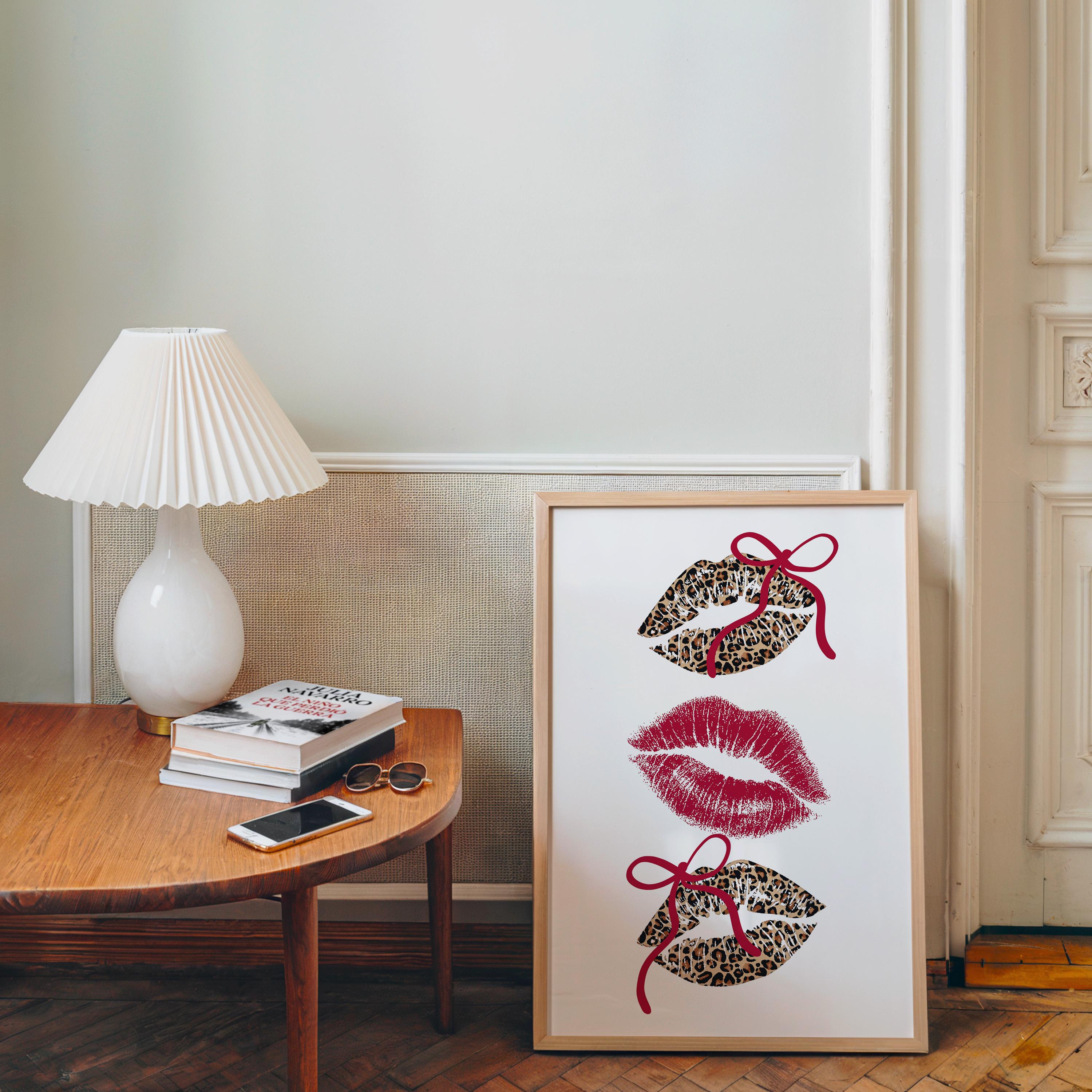 Leopard Lips Wall Art Print, Coquette Bow Lip Poster, Girly Glam Printable Art, Red Kiss Print, Maximalist Fashion Wall Decor, DIGITAL