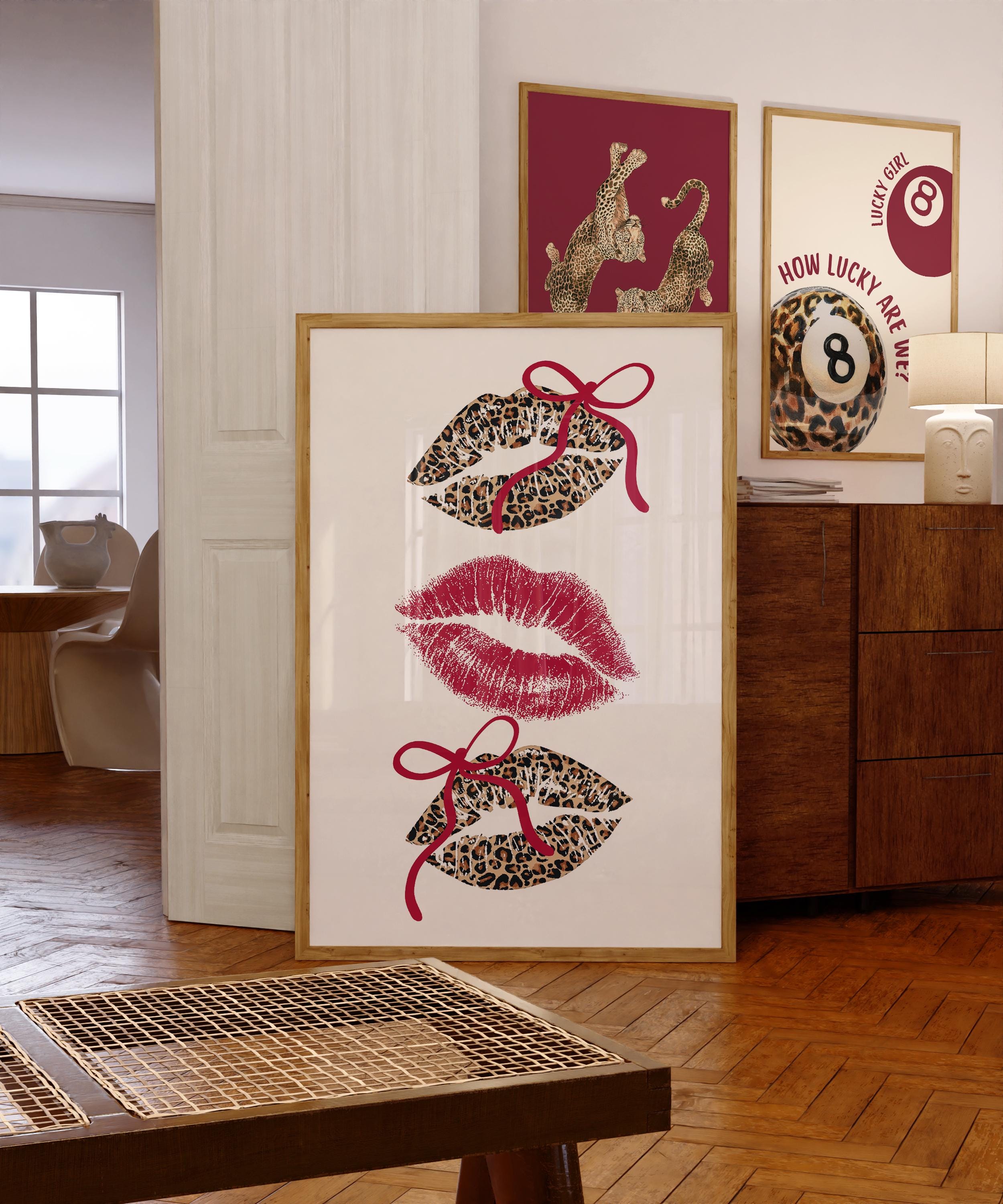 Leopard Lips Wall Art Print, Coquette Bow Lip Poster, Girly Glam Printable Art, Red Kiss Print, Maximalist Fashion Wall Decor, DIGITAL