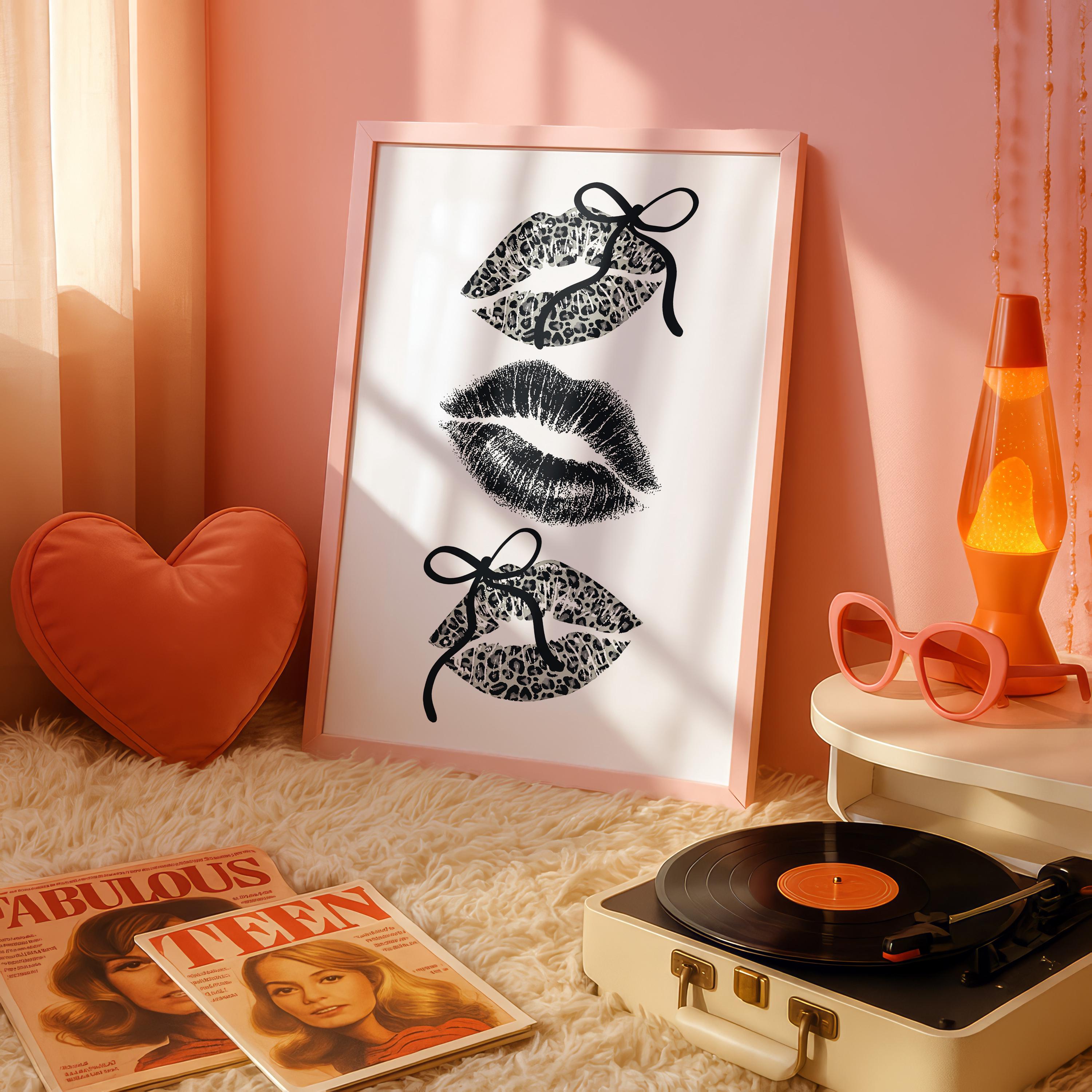 Black Leopard Lips Wall Art, Coquette Bow Lip Print, Glam Kiss Poster, Fashion Wall Decor, Maximalist Printable Art, DIGITAL DOWNLOAD