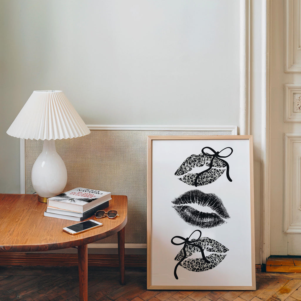 Black Leopard Lips Wall Art, Coquette Bow Lip Print, Glam Kiss Poster, Fashion Wall Decor, Maximalist Printable Art, DIGITAL DOWNLOAD