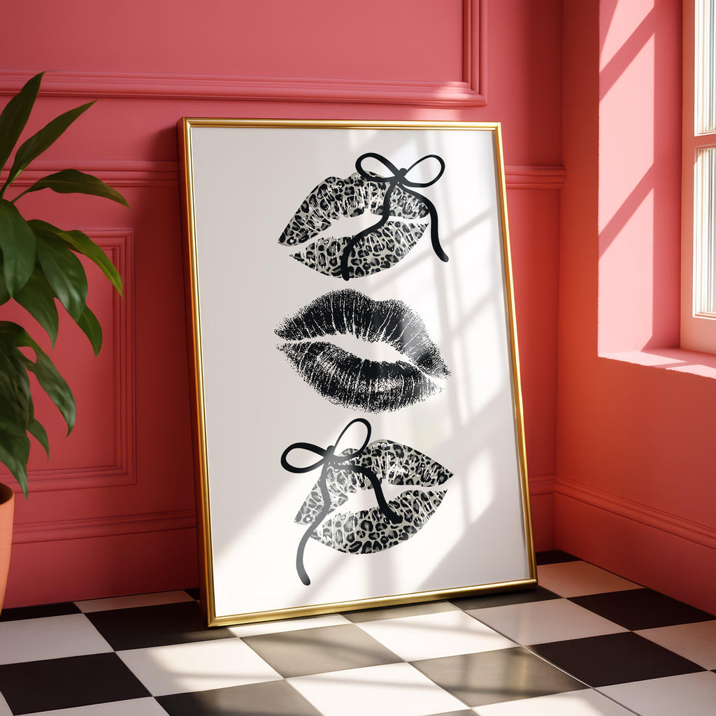 Black Leopard Lips Wall Art, Coquette Bow Lip Print, Glam Kiss Poster, Fashion Wall Decor, Maximalist Printable Art, DIGITAL DOWNLOAD