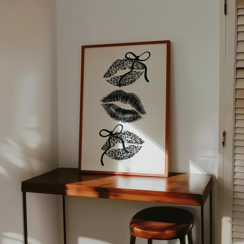 Black Leopard Lips Wall Art, Coquette Bow Lip Print, Glam Kiss Poster, Fashion Wall Decor, Maximalist Printable Art, DIGITAL DOWNLOAD