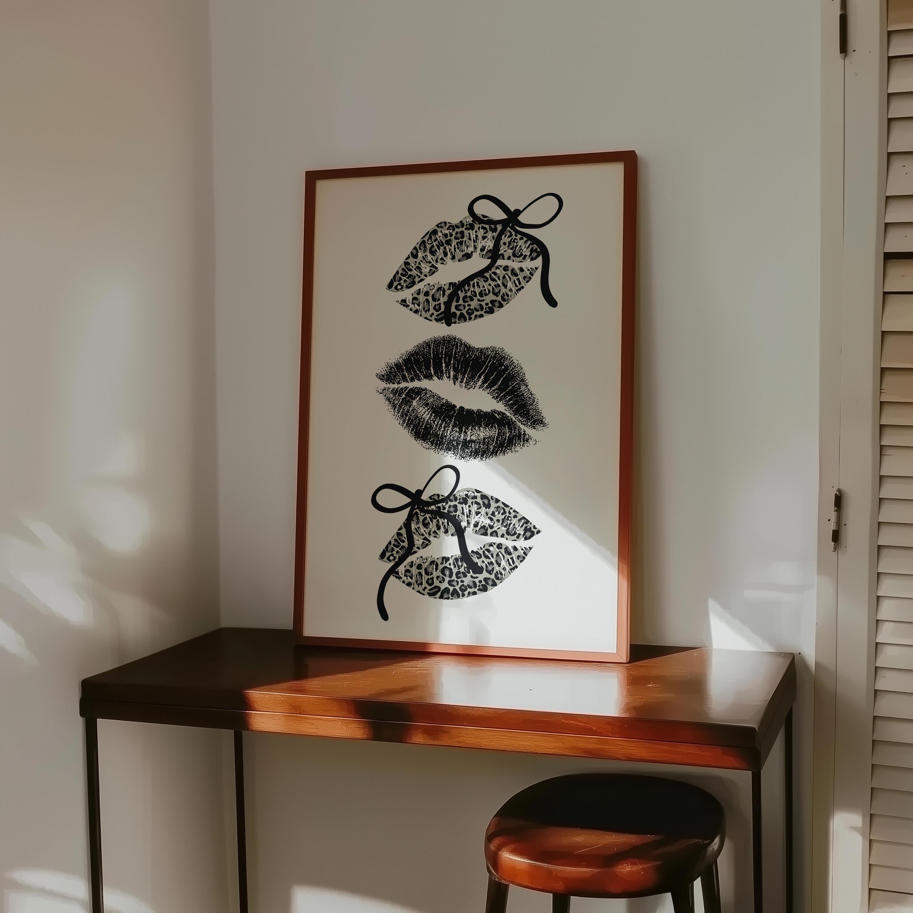 Black Leopard Lips Wall Art, Coquette Bow Lip Print, Glam Kiss Poster, Fashion Wall Decor, Maximalist Printable Art, DIGITAL DOWNLOAD