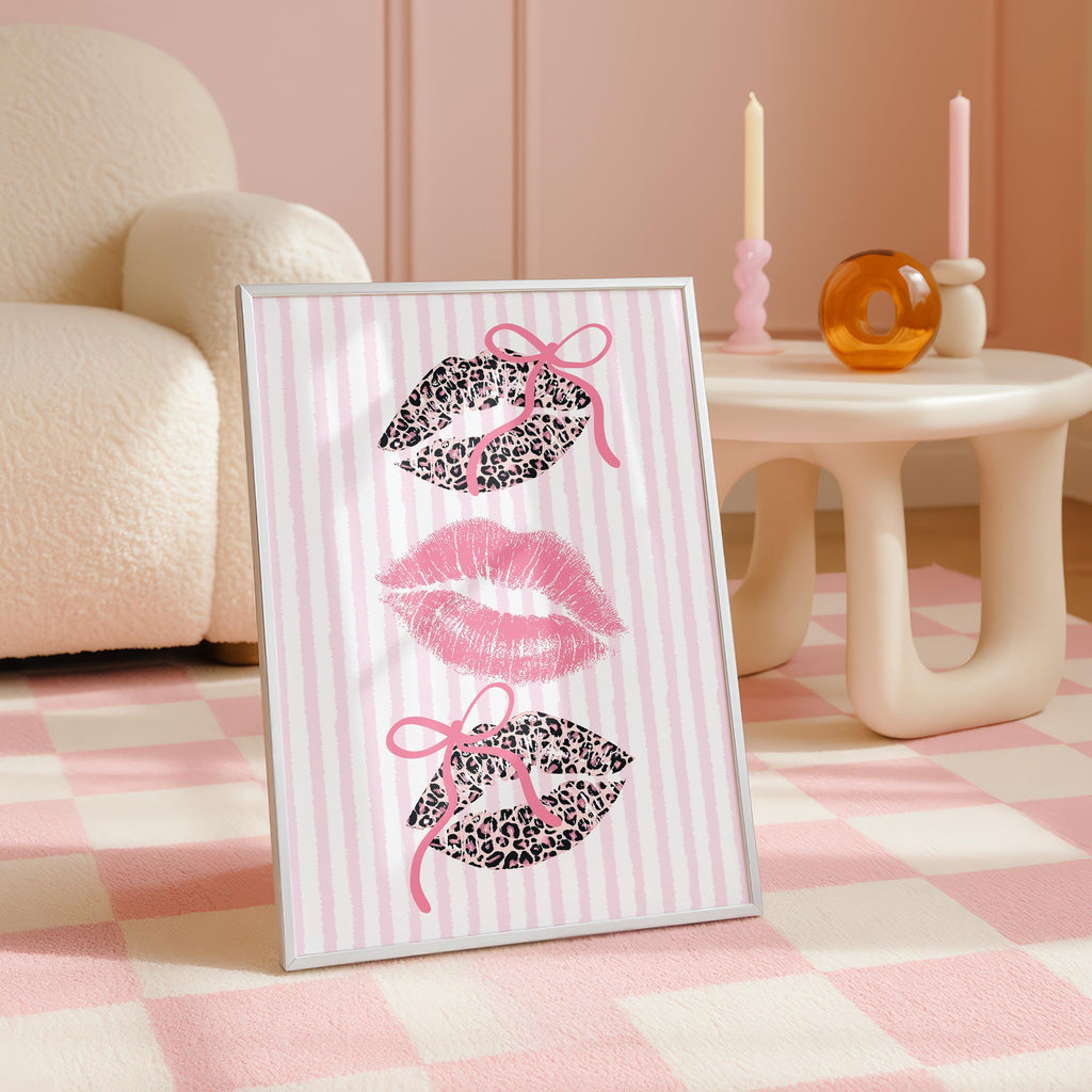 Pink Leopard Lips Wall Art, Coquette Bow Lip Print, Striped Girly Poster, Glam Kiss Printable, Feminine Gallery Wall Decor, Digital Download