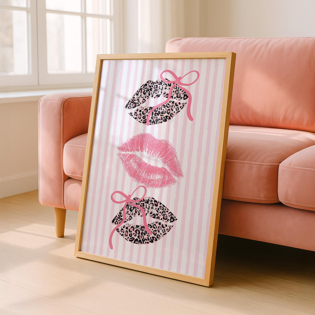 Pink Leopard Lips Wall Art, Coquette Bow Lip Print, Striped Girly Poster, Glam Kiss Printable, Feminine Gallery Wall Decor, Digital Download