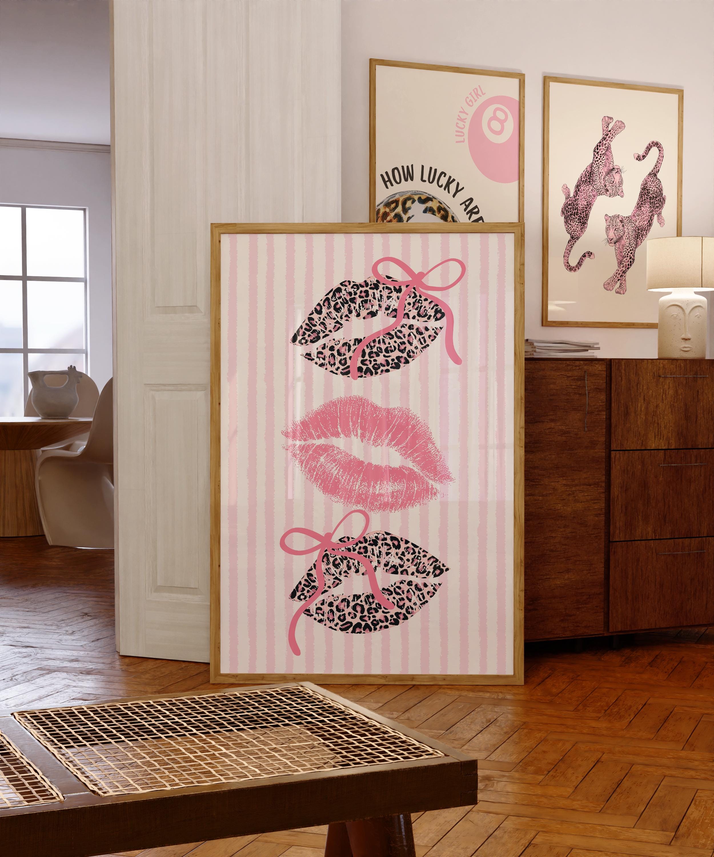 Pink Leopard Lips Wall Art, Coquette Bow Lip Print, Striped Girly Poster, Glam Kiss Printable, Feminine Gallery Wall Decor, Digital Download