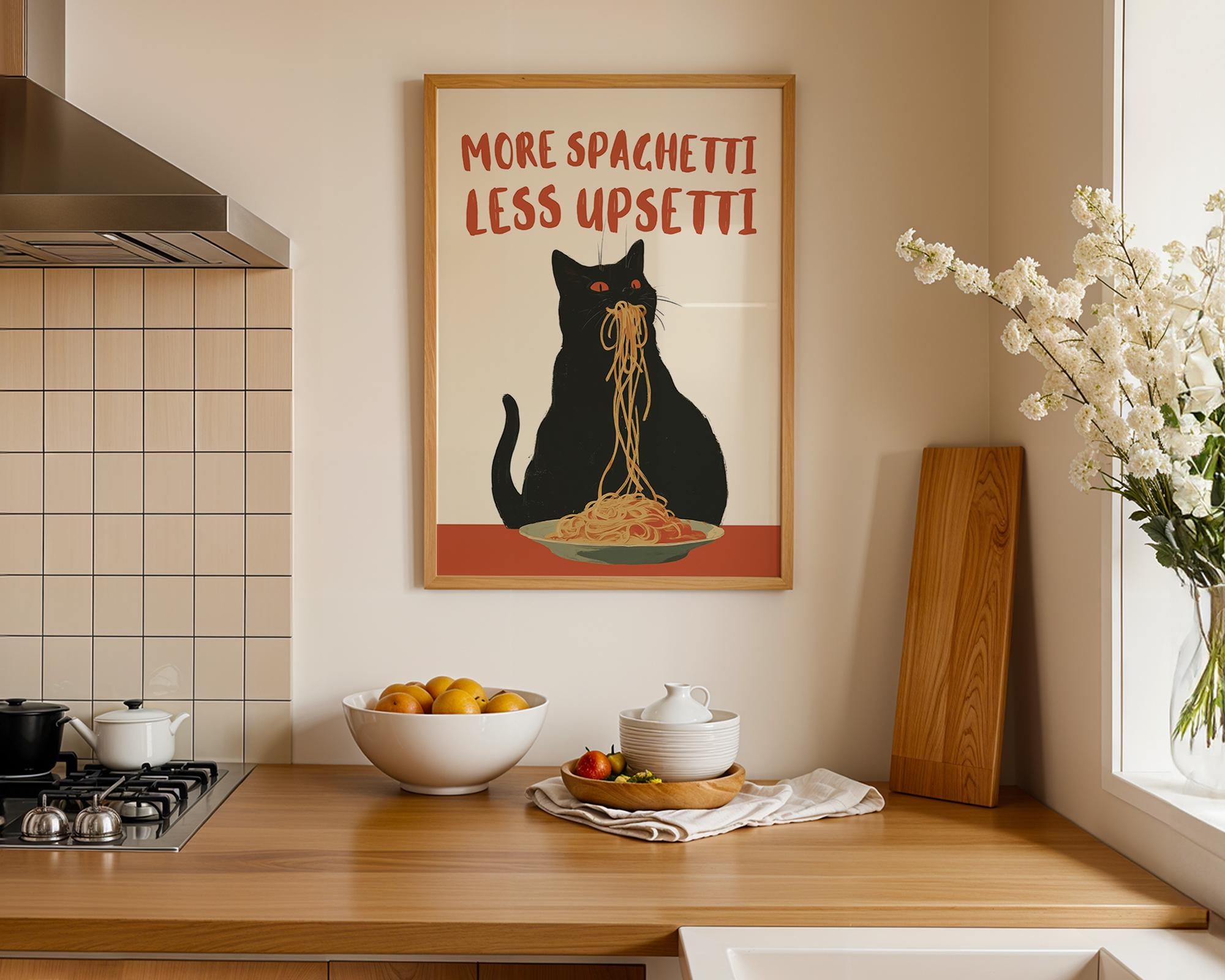 More Spaghetti Less Upsetti Wall Art, Funny Cat Kitchen Print, Pasta Lover Gift, Spaghetti Poster, Italian Food Wall Decor, Digital Download