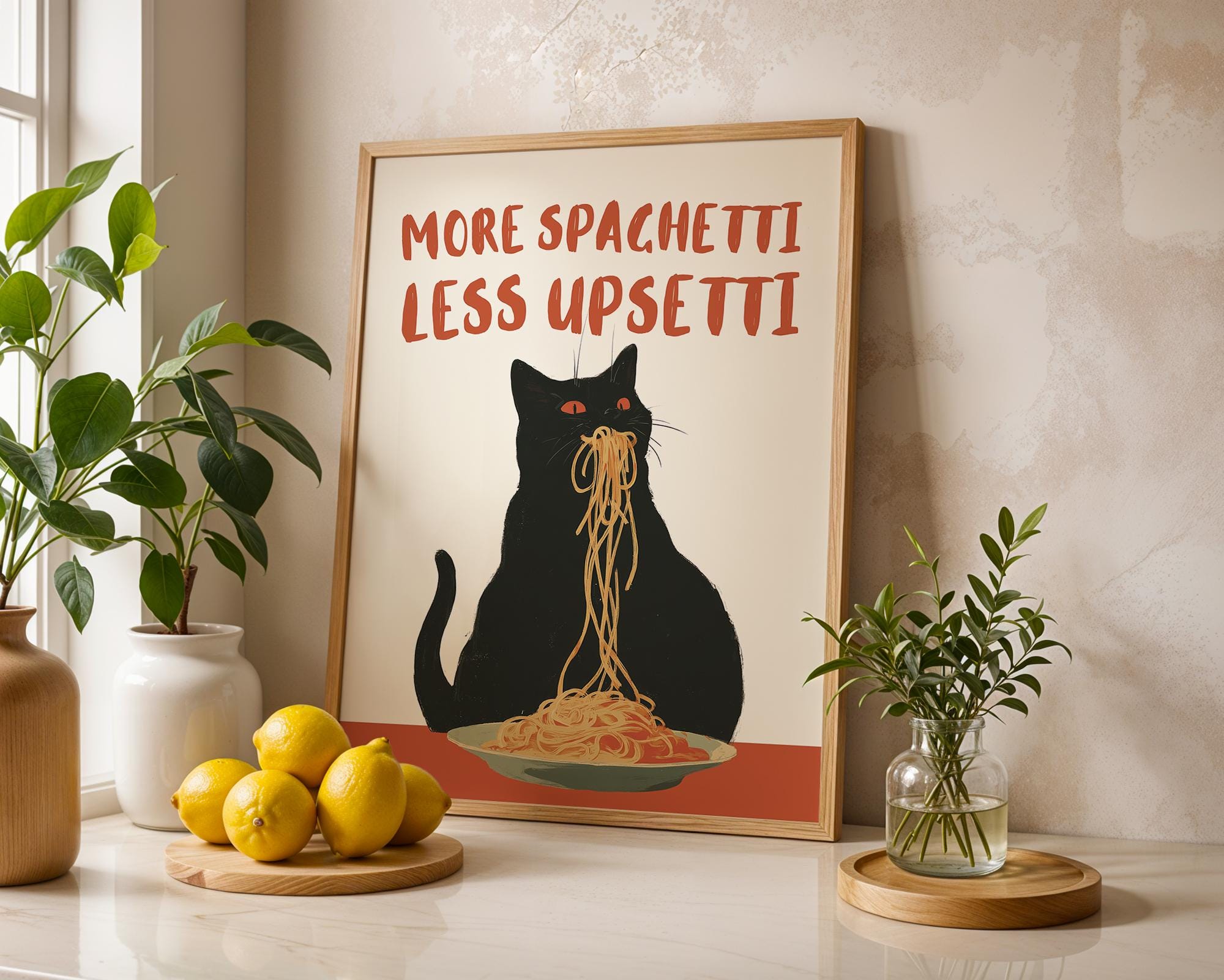 More Spaghetti Less Upsetti Wall Art, Funny Cat Kitchen Print, Pasta Lover Gift, Spaghetti Poster, Italian Food Wall Decor, Digital Download