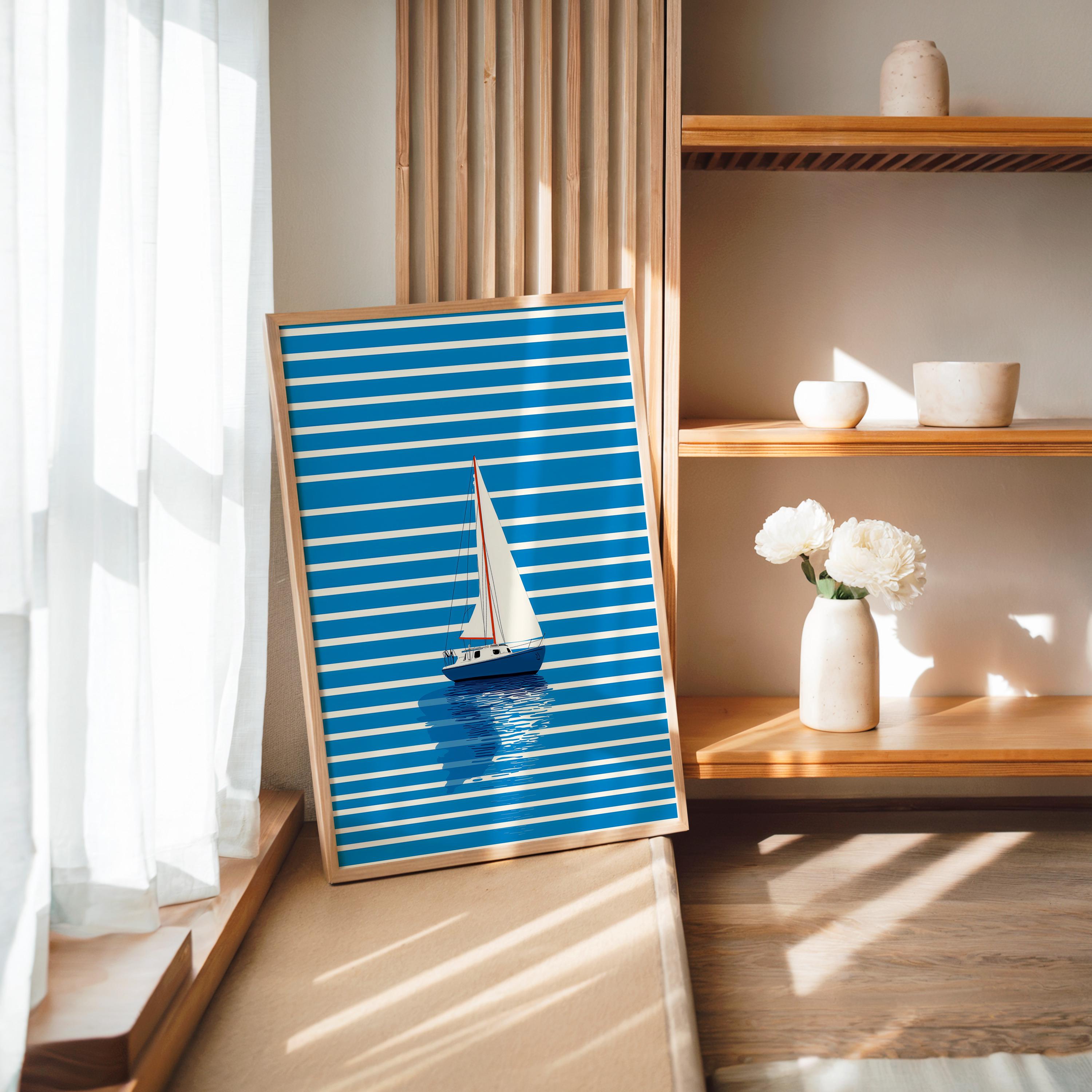 Blue Sailboat Wall Art, Coastal Nautical Print, Minimal Boat Illustration, Beach House Decor, Ocean Striped Art, Modern Coastal Poster