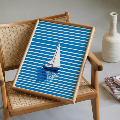 Blue Sailboat Wall Art, Coastal Nautical Print, Minimal Boat Illustration, Beach House Decor, Ocean Striped Art, Modern Coastal Poster