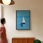 Blue Sailboat Wall Art, Coastal Nautical Print, Minimal Boat Illustration, Beach House Decor, Ocean Striped Art, Modern Coastal Poster