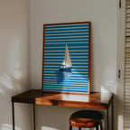 Blue Sailboat Wall Art, Coastal Nautical Print, Minimal Boat Illustration, Beach House Decor, Ocean Striped Art, Modern Coastal Poster