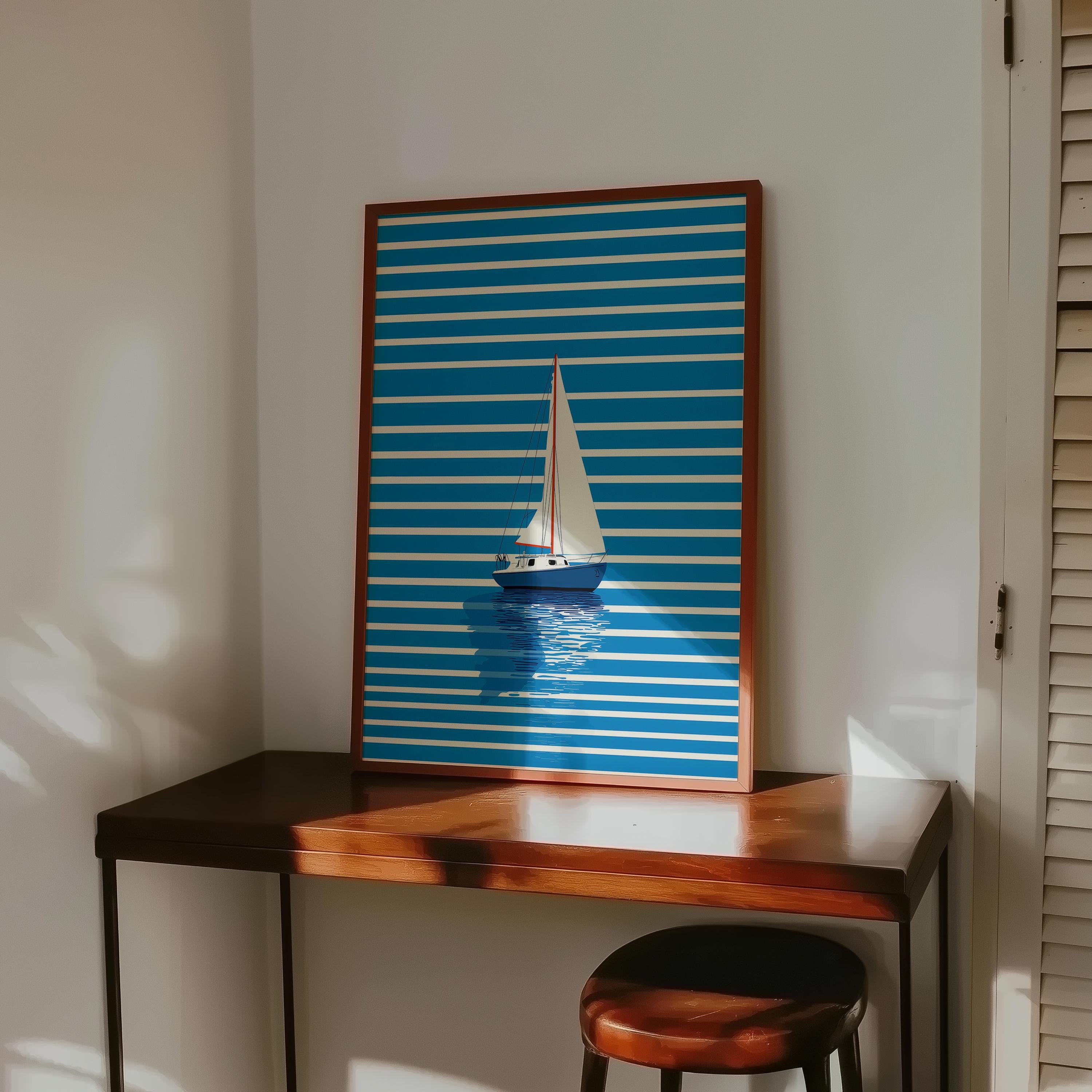 Blue Sailboat Wall Art, Coastal Nautical Print, Minimal Boat Illustration, Beach House Decor, Ocean Striped Art, Modern Coastal Poster