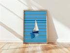 Blue Sailboat Wall Art, Coastal Nautical Print, Minimal Boat Illustration, Beach House Decor, Ocean Striped Art, Modern Coastal Poster