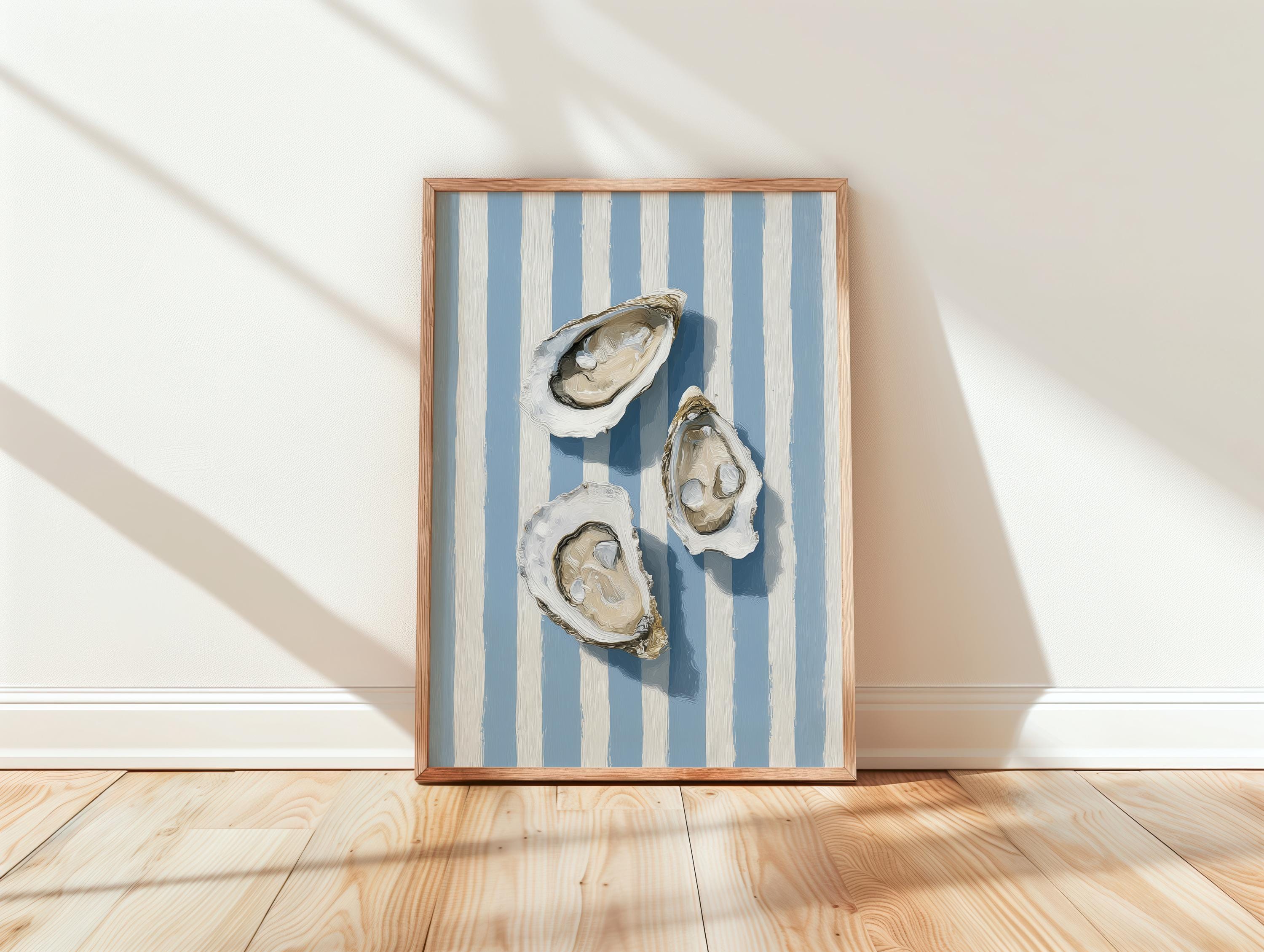 Oyster Wall Art, Coastal Kitchen Print, Blue Striped Nautical Art, Beach House Decor, Seafood Illustration, Minimal Coastal Poster