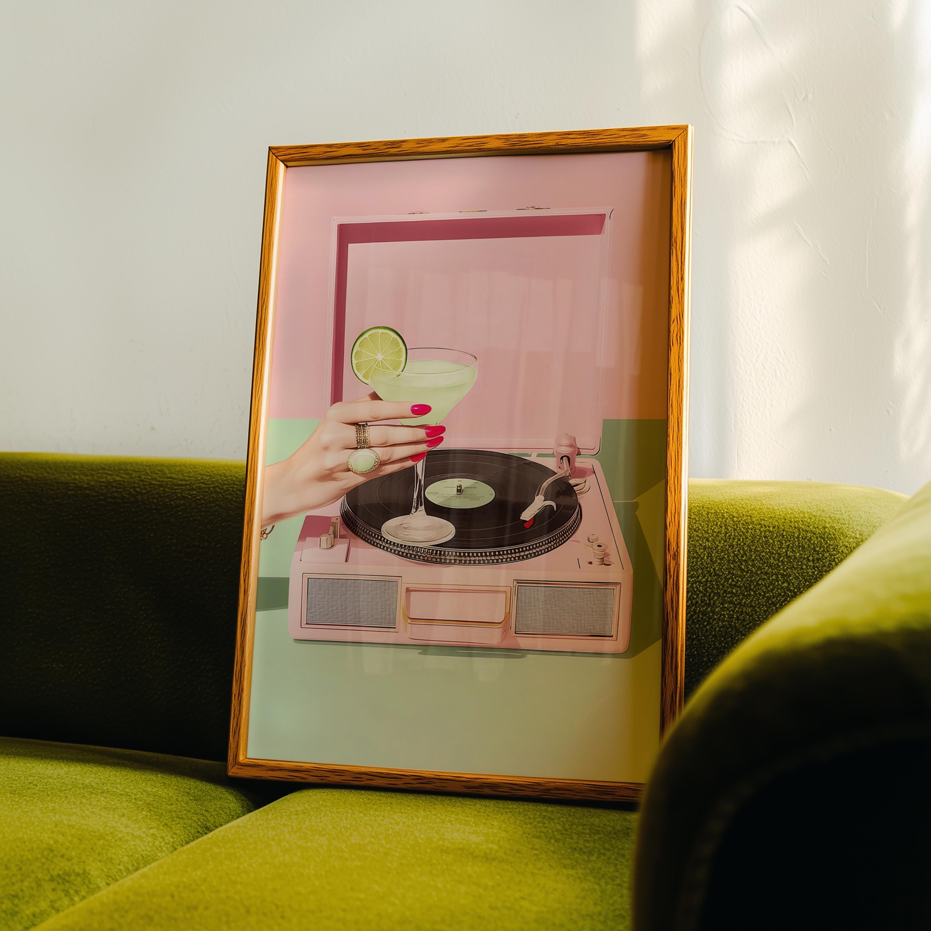 Retro Cocktail Record Player Wall Art, Martini Vinyl Print, Pink Turntable Poster, Bar Cart Decor, Music Lover Printable, Digital Download