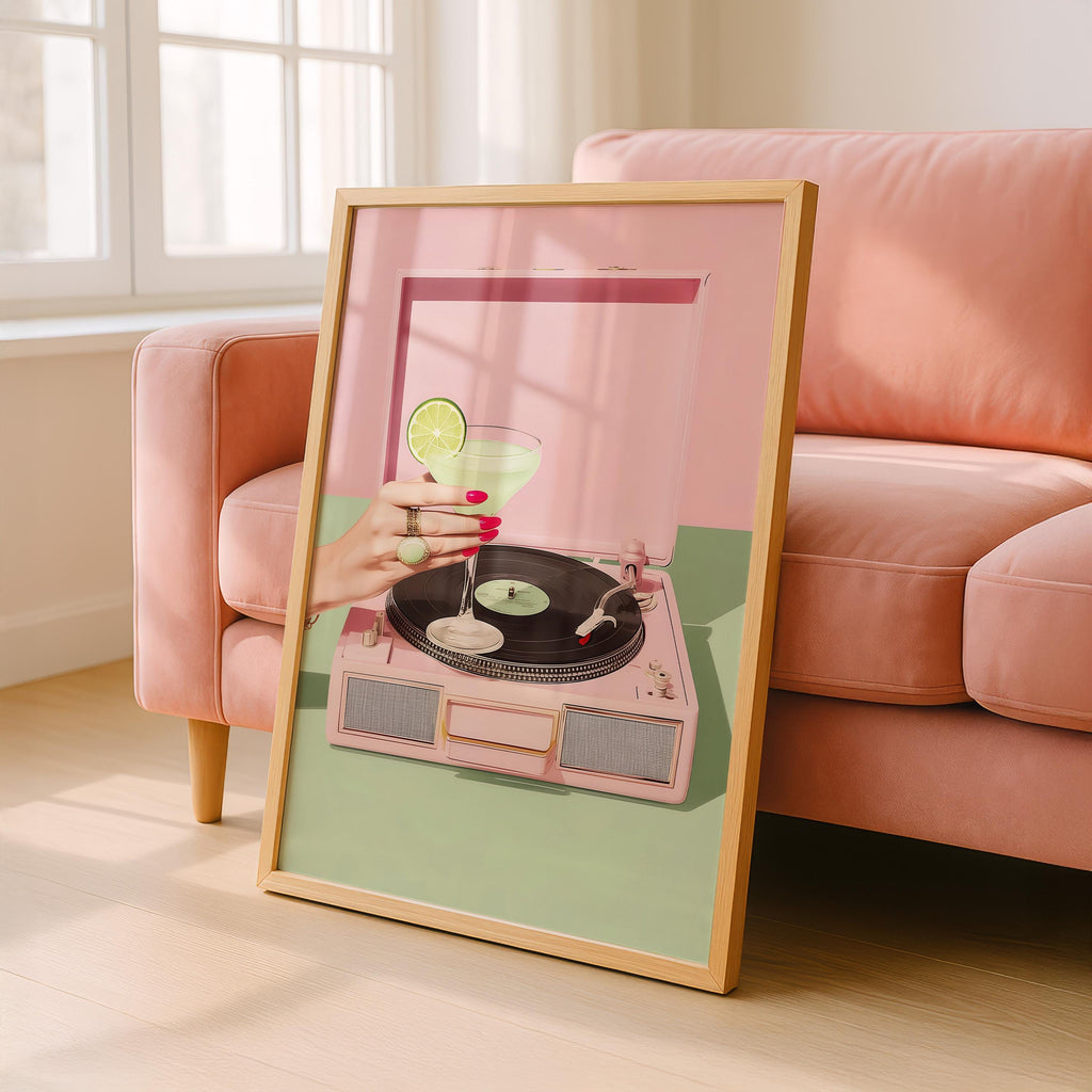 Retro Cocktail Record Player Wall Art, Martini Vinyl Print, Pink Turntable Poster, Bar Cart Decor, Music Lover Printable, Digital Download