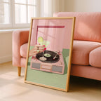 Retro Cocktail Record Player Wall Art, Martini Vinyl Print, Pink Turntable Poster, Bar Cart Decor, Music Lover Printable, Digital Download
