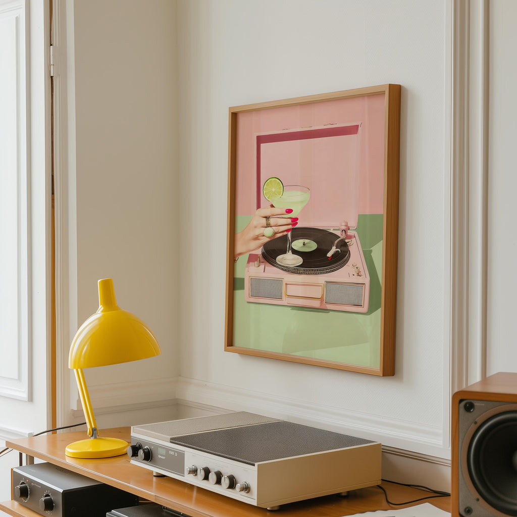 Retro Cocktail Record Player Wall Art, Martini Vinyl Print, Pink Turntable Poster, Bar Cart Decor, Music Lover Printable, Digital Download