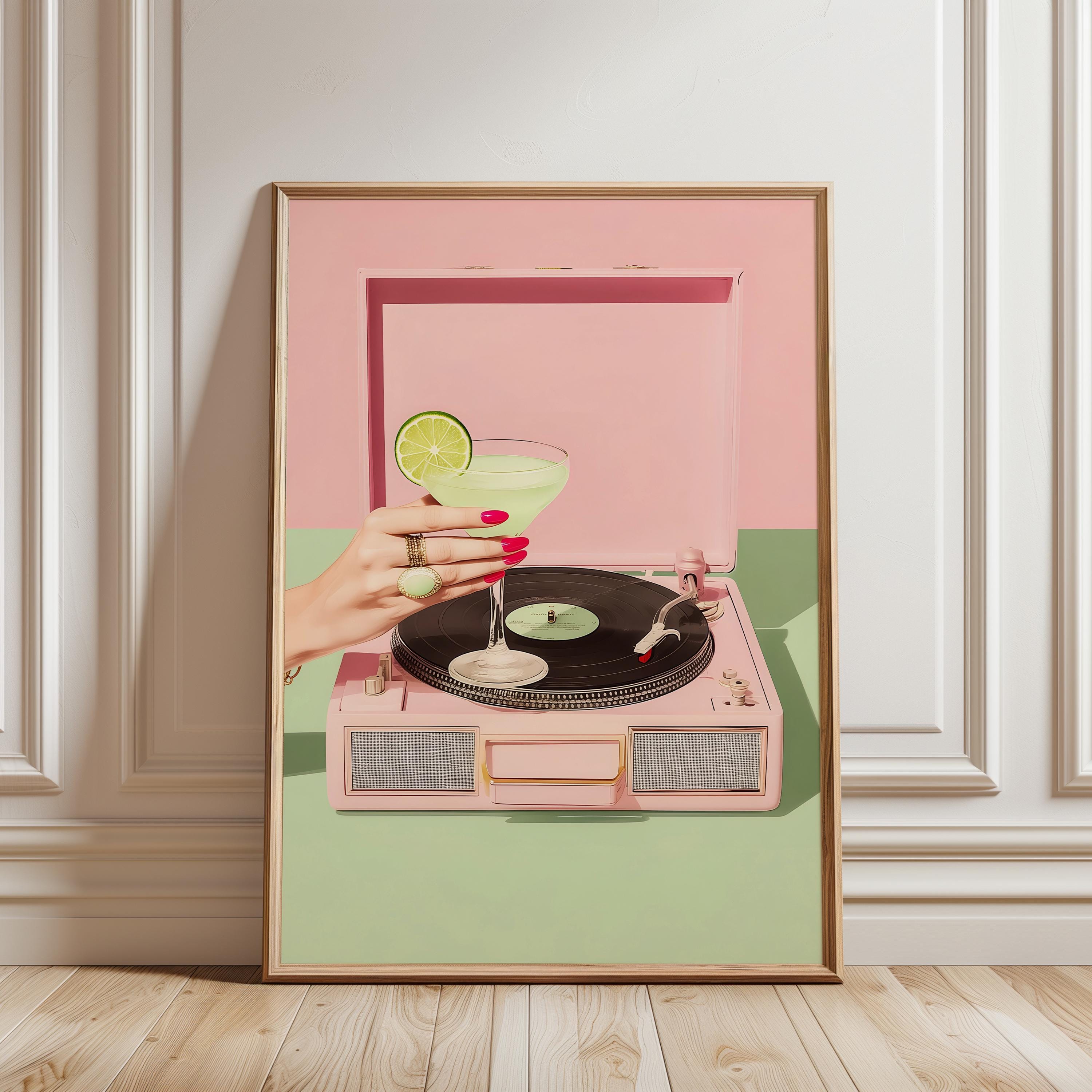 Retro Cocktail Record Player Wall Art, Martini Vinyl Print, Pink Turntable Poster, Bar Cart Decor, Music Lover Printable, Digital Download